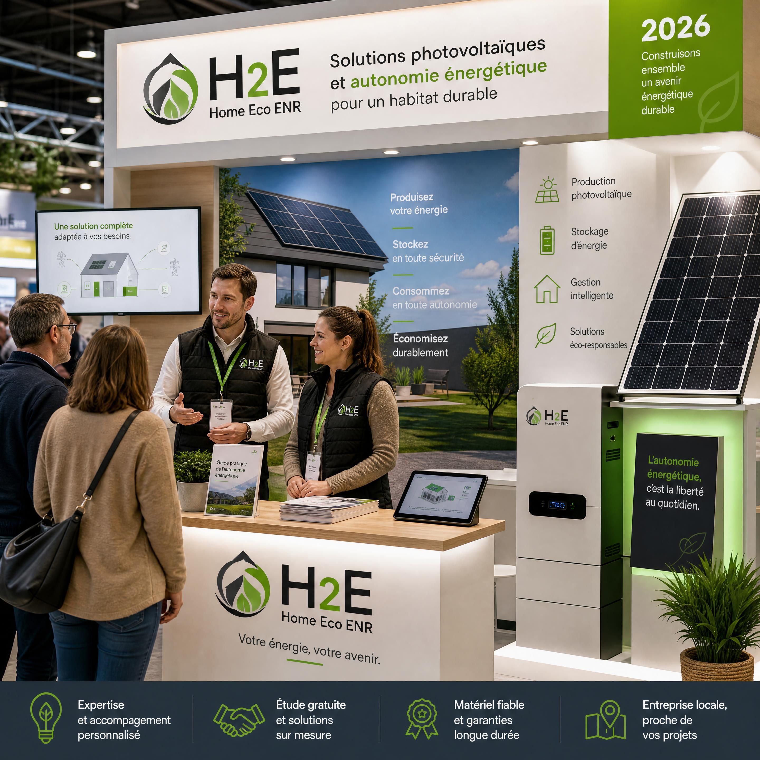 Équipe H2E Home Eco ENR présentant des solutions photovoltaïques et d’autonomie énergétique sur un stand de foire en 2026