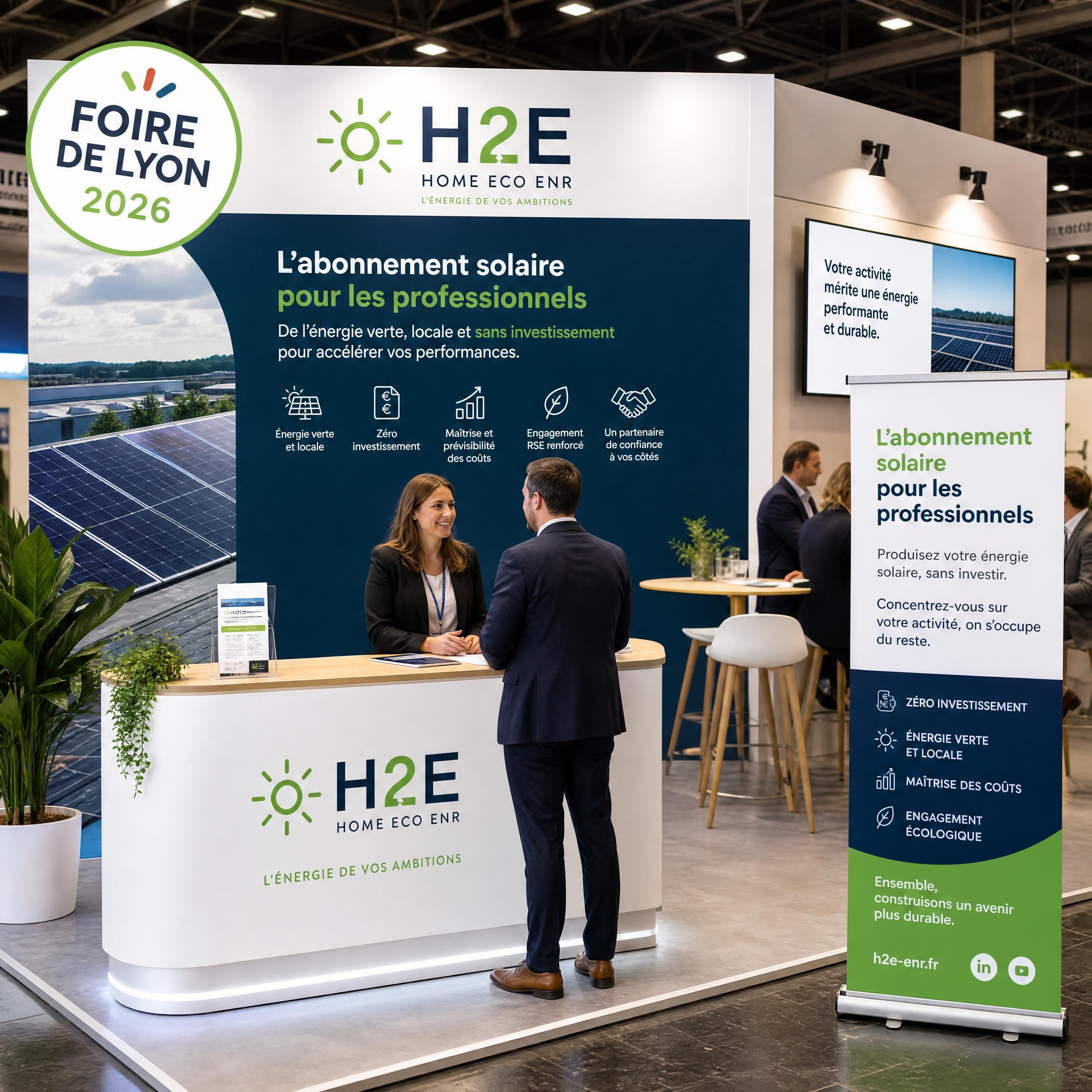 Stand de H2E Home Eco Enr à la Foire de Lyon 2026, présentant l'abonnement solaire pour les professionnels