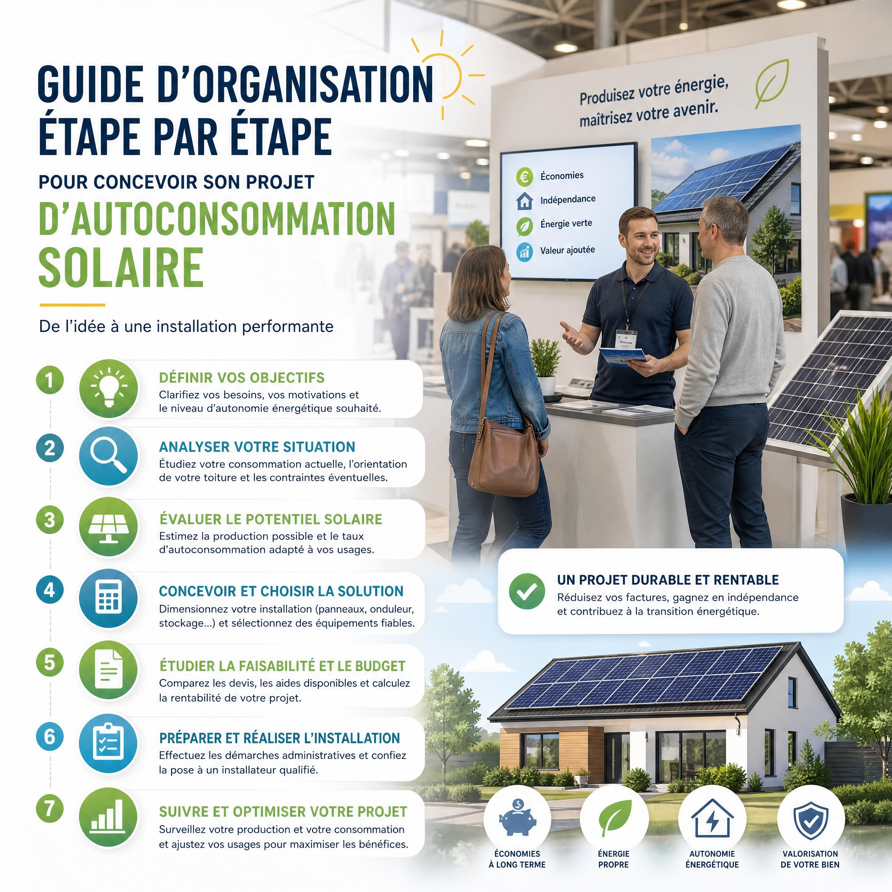 Guide d'organisation étape par étape pour concevoir son projet d'autoconsommation solaire lors d'une foire exposition