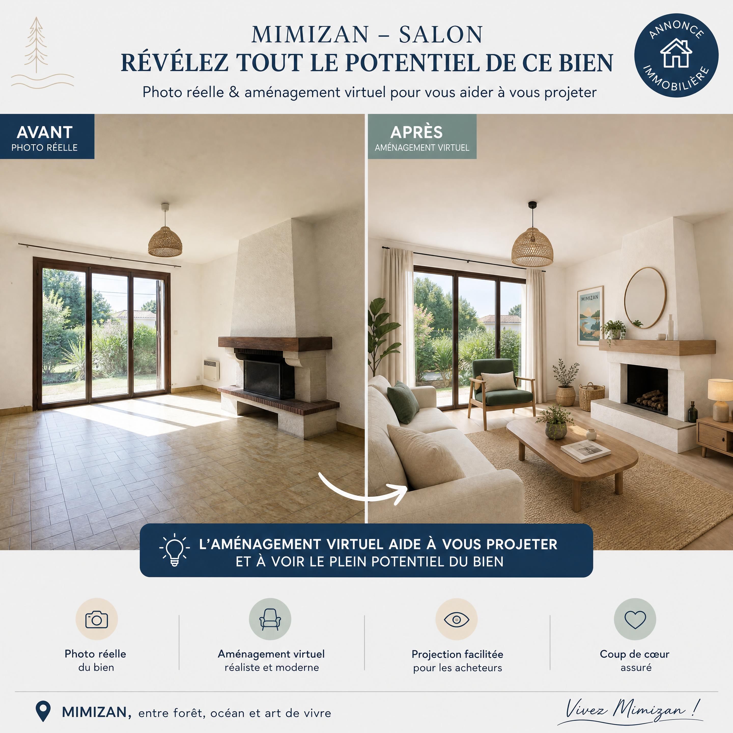 Comparaison avant-après d’un salon réel et du même salon meublé virtuellement, signalé comme simulation dans une annonce — Mimizan — Olivier Roussel, conseiller immobilier IAD France à Mimizan (Landes, 40)
