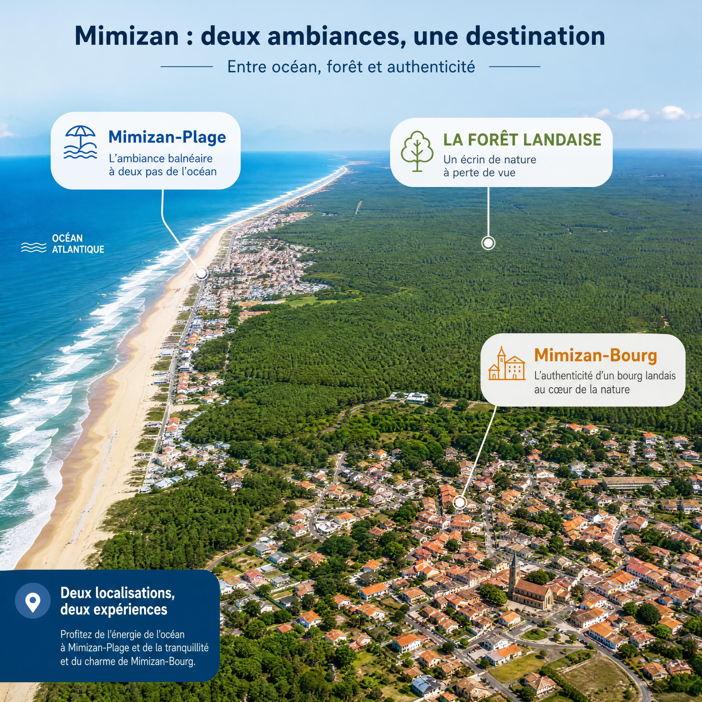 Vue aérienne de Mimizan-Bourg, Mimizan-Plage, la forêt landaise et l’océan Atlantique montrant les écarts de valeur entre secteurs — Mimizan — Olivier Roussel, conseiller immobilier IAD France à Mimizan (Landes, 40)