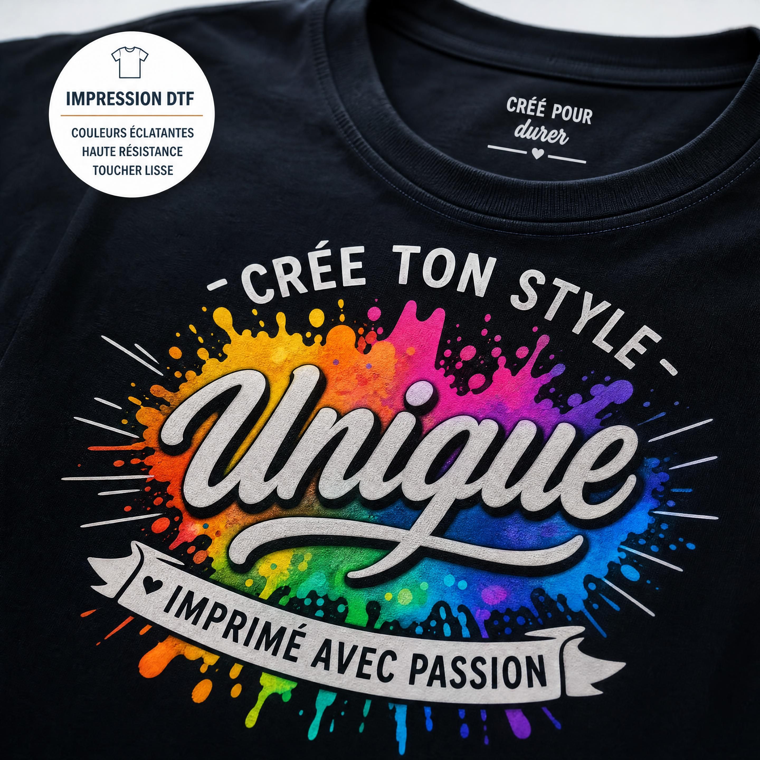 Gros plan sur un t-shirt personnalisé avec une impression DTF colorée, nette et résistante