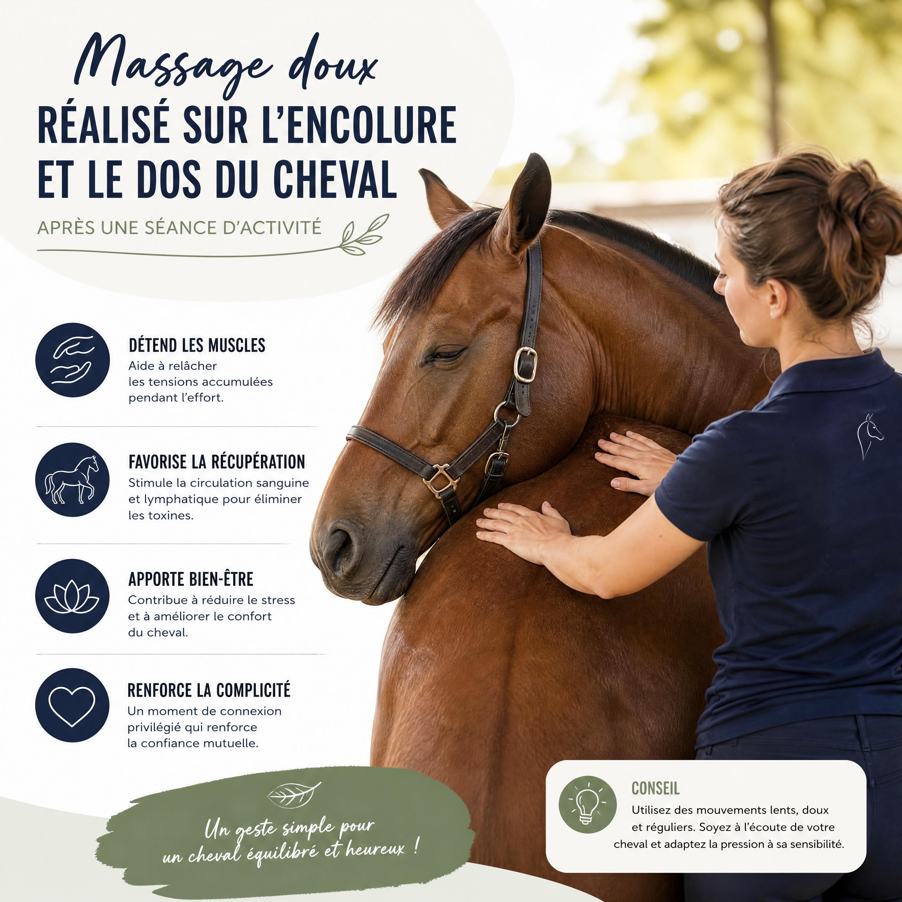 Massage doux réalisé sur l’encolure et le dos d’un cheval après une séance d’activité
