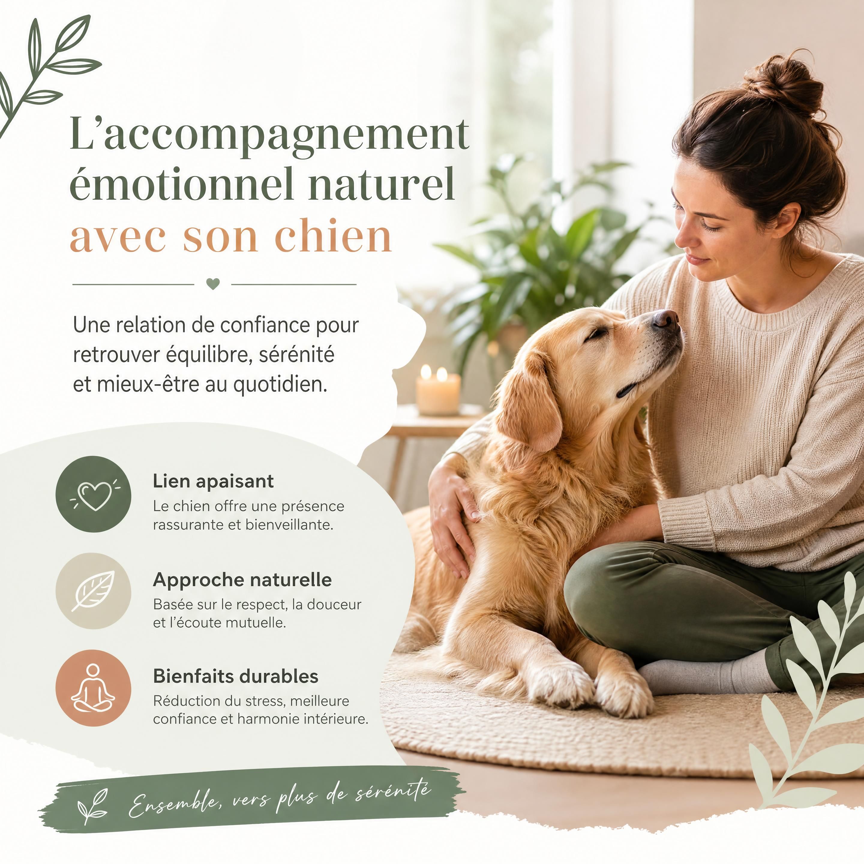 Chien calme auprès de son gardien pendant un accompagnement émotionnel naturel