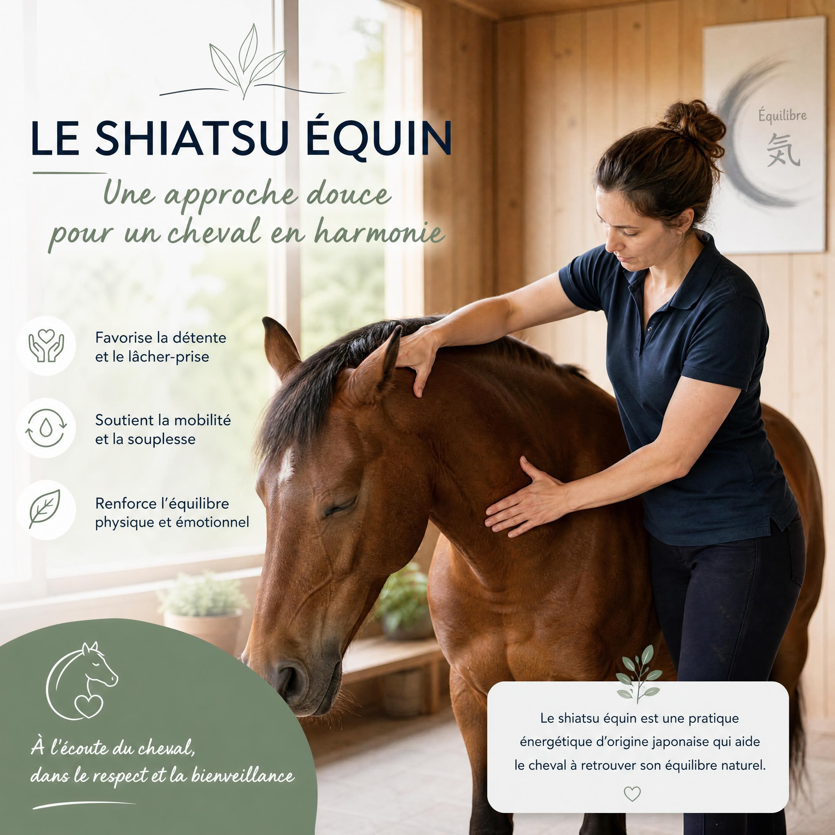Cheval détendu pendant une séance de shiatsu équin dans une écurie lumineuse