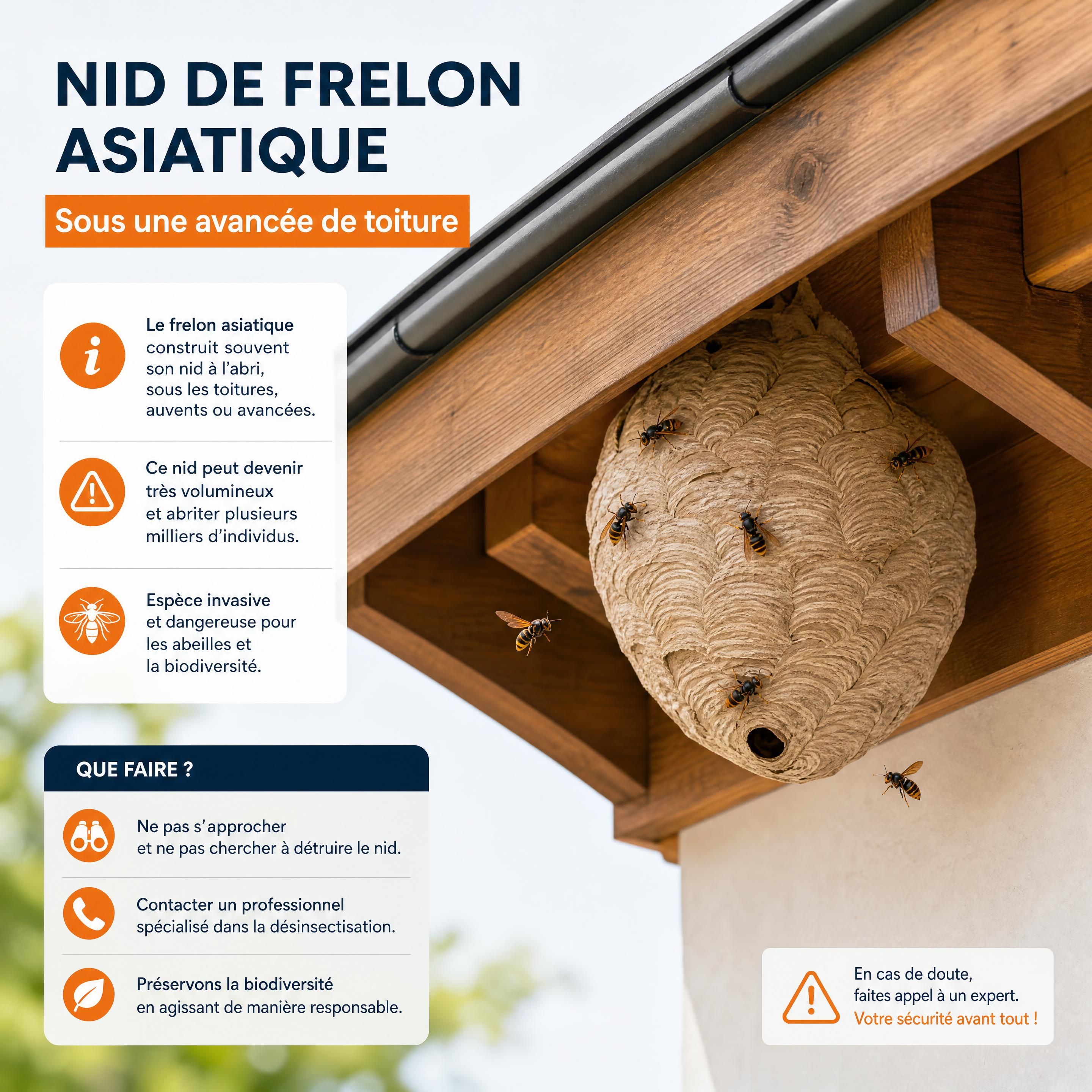 Nid de frelon asiatique fixé sous une avancée de toiture en bois