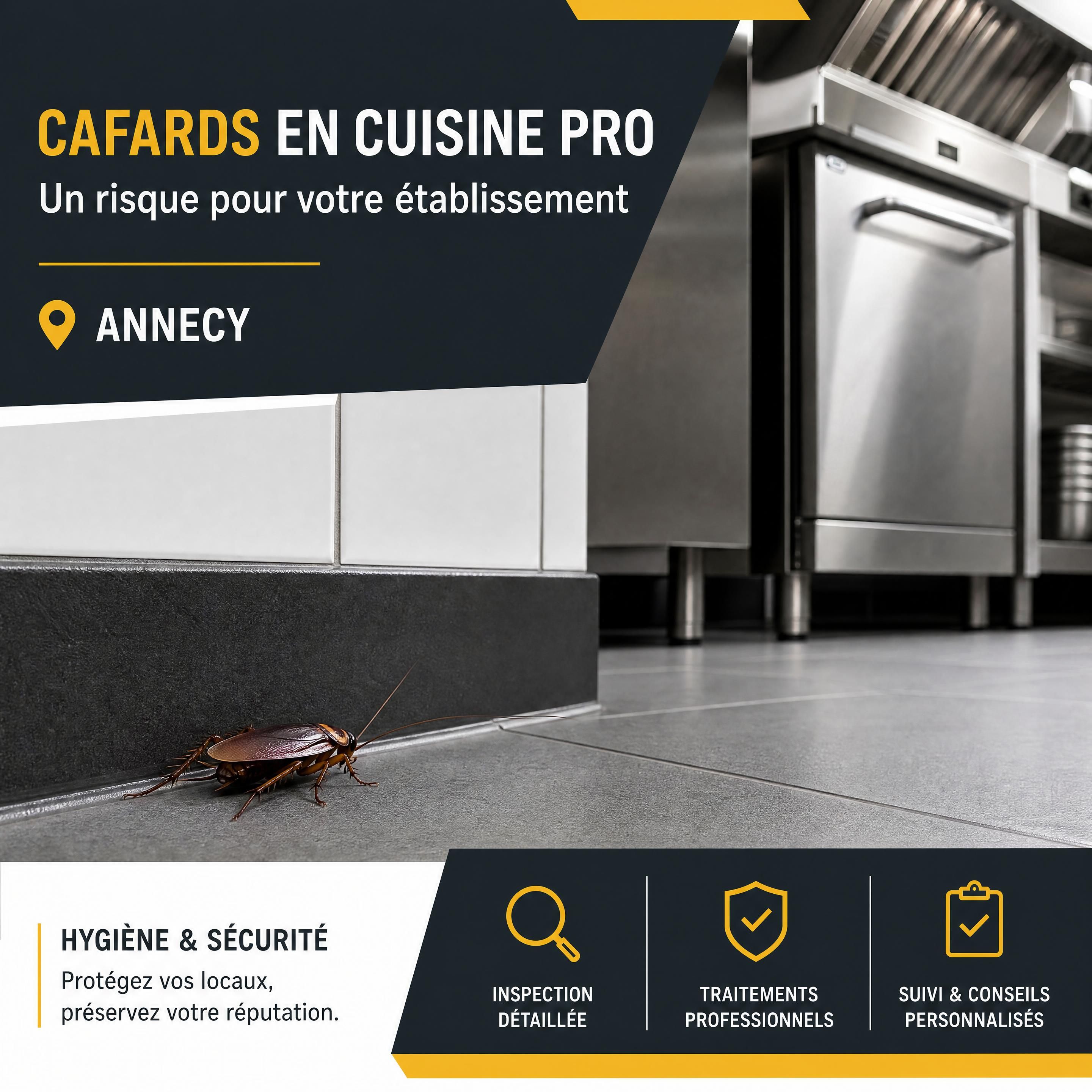 Cafard réaliste aperçu près d’une plinthe dans une cuisine professionnelle de restaurant à Annecy, ambiance sobre noir anthracite jaune et blanc, sans personne ni aliment contaminé
