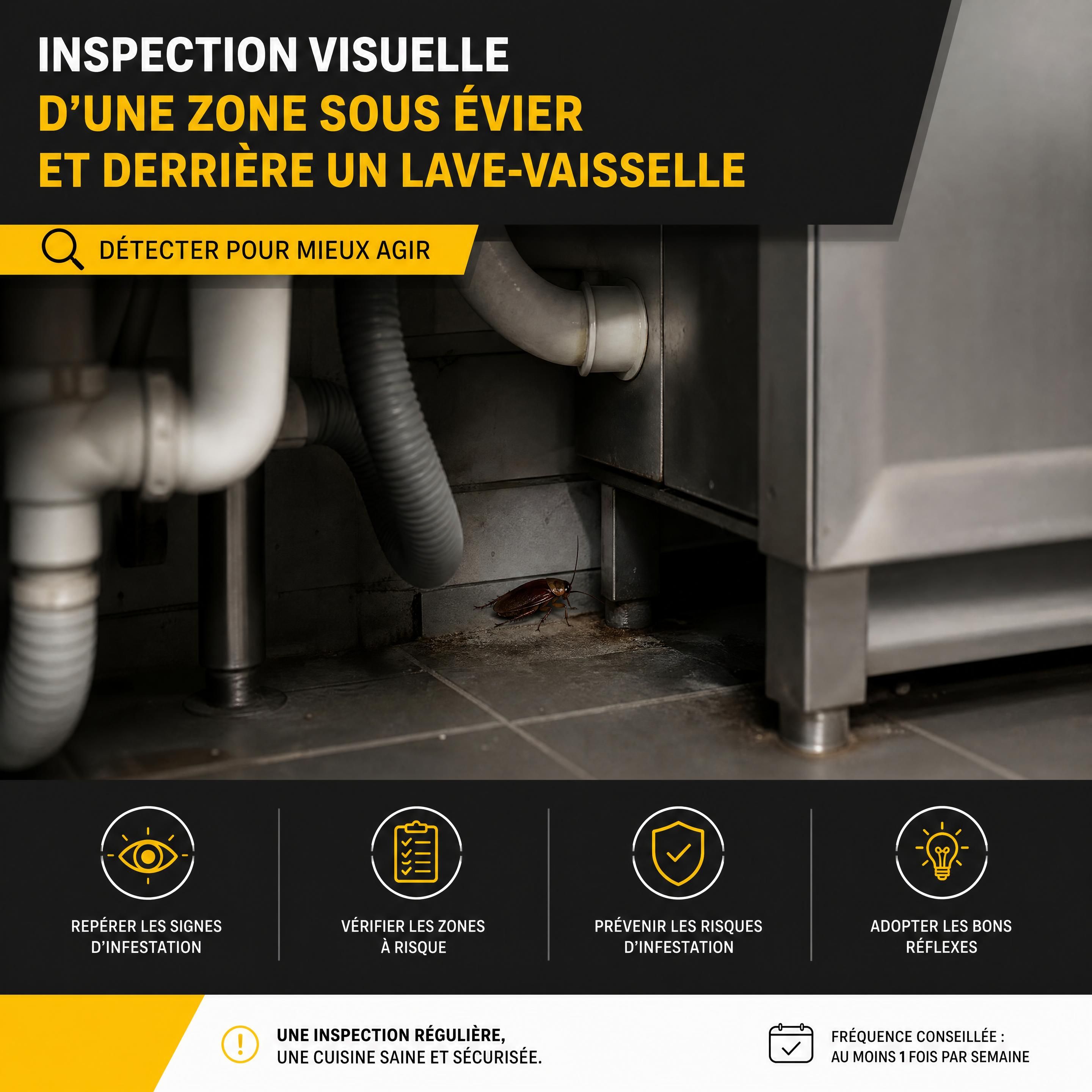 Inspection visuelle d’une zone sous évier et derrière un lave-vaisselle dans une cuisine de restaurant, cafard réaliste en retrait, style photographique horizontal, couleurs noir anthracite jaune et blanc, sans technicien ni personne