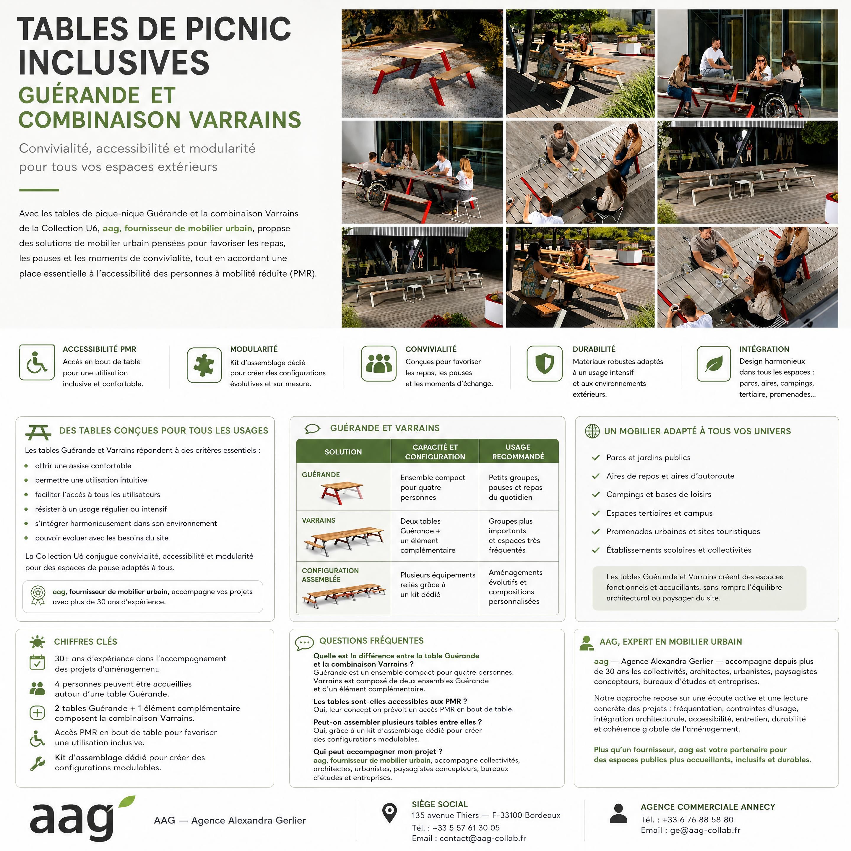 Grand ensemble de pique-nique inclusif en bois et acier installé dans un parc paysager