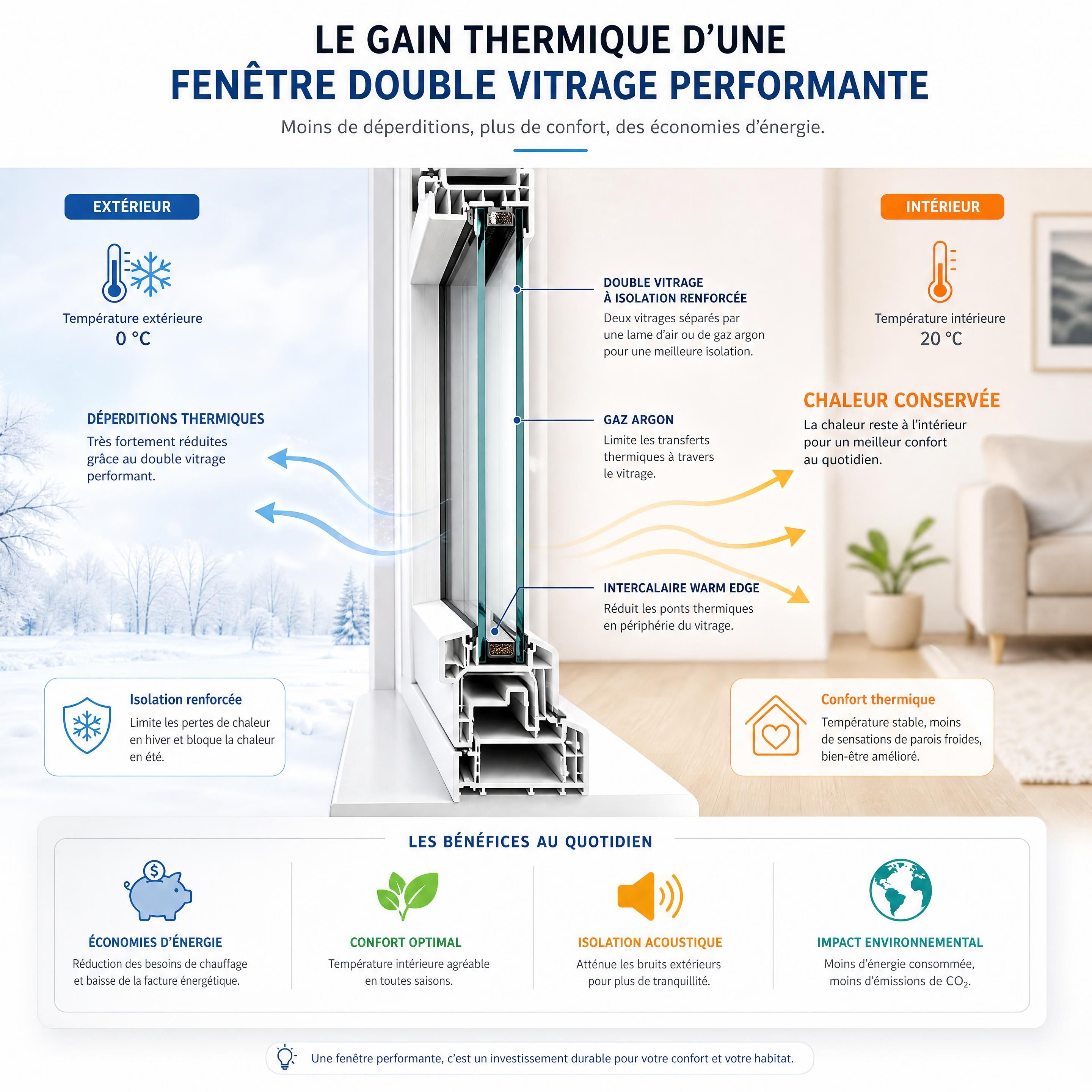 Sch&eacute;ma technique illustrant le gain thermique d'une fen&ecirc;tre double vitrage performante