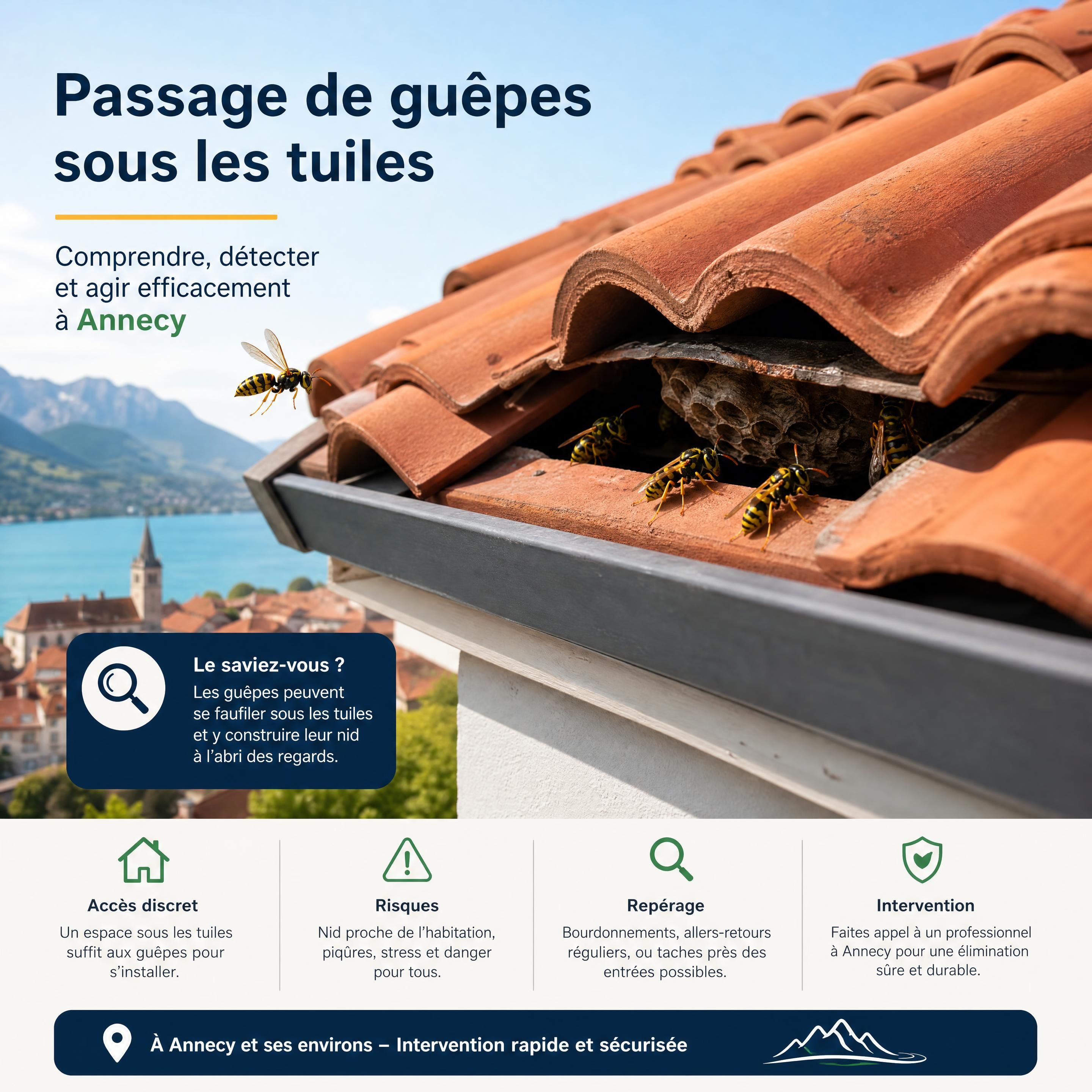 Passage de guêpes sous les tuiles d'une toiture à Annecy