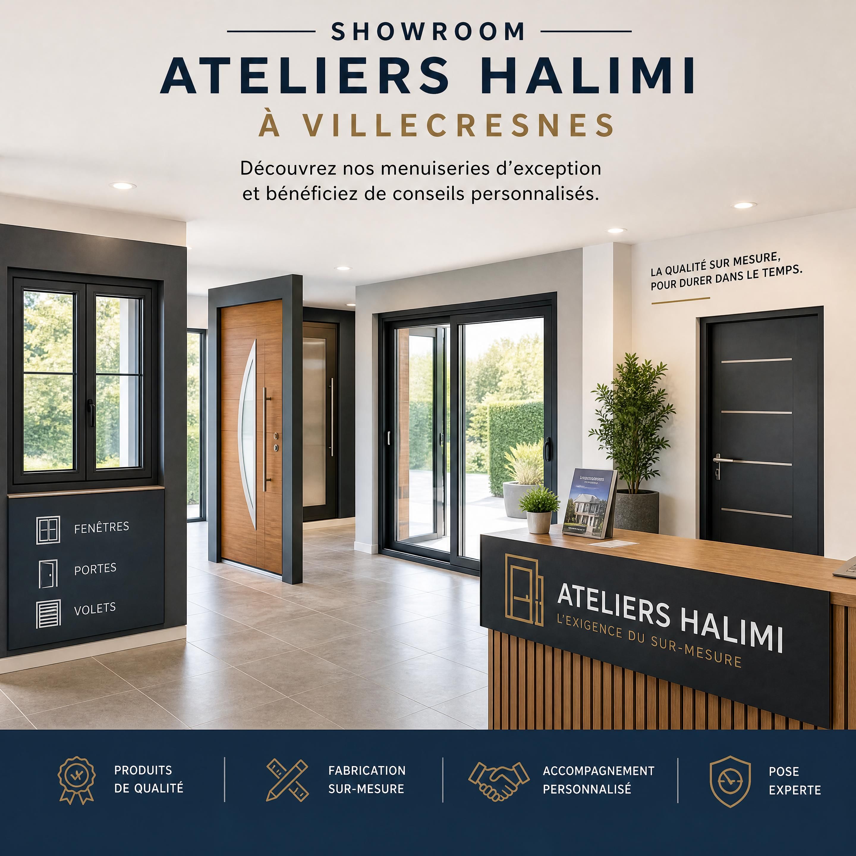Showroom Ateliers Halimi &agrave; Villecresnes avec menuiseries expos&eacute;es