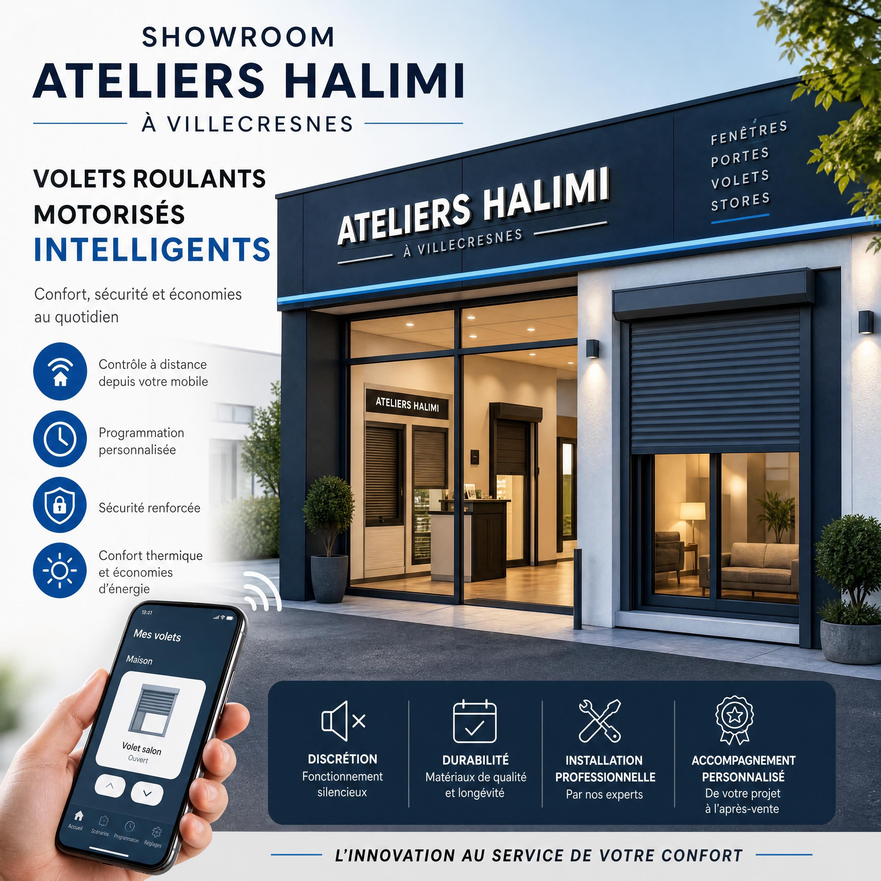 Showroom Ateliers Halimi &agrave; Villecresnes pr&eacute;sentant des volets roulants motoris&eacute;s intelligents