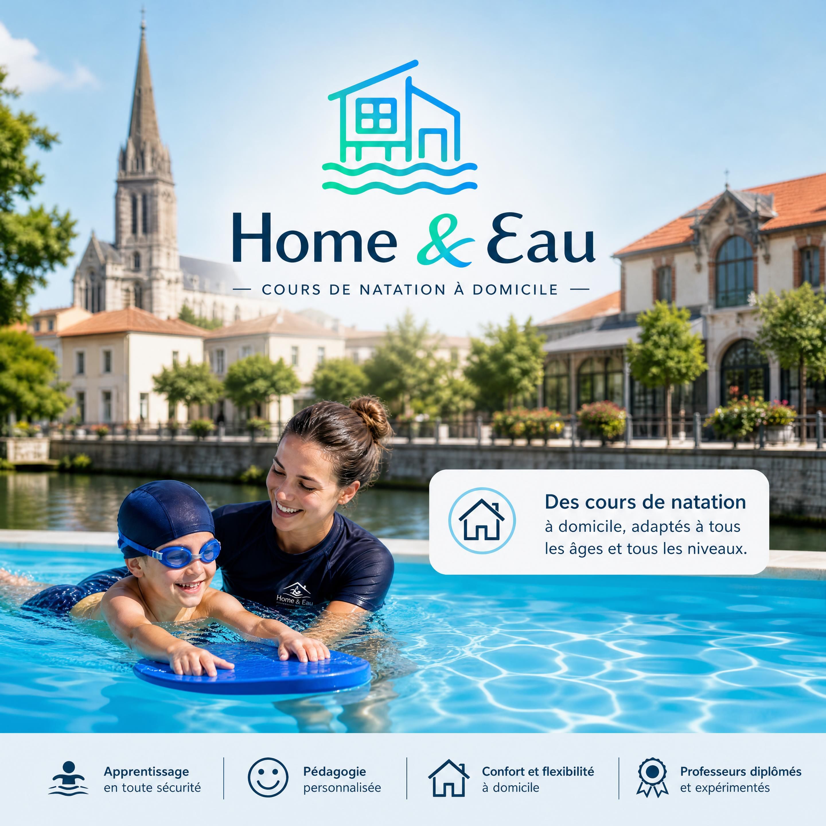 Vue de Challans en Vendée avec le logo Home & Eau superposé, illustrant des cours de natation à domicile à Challans