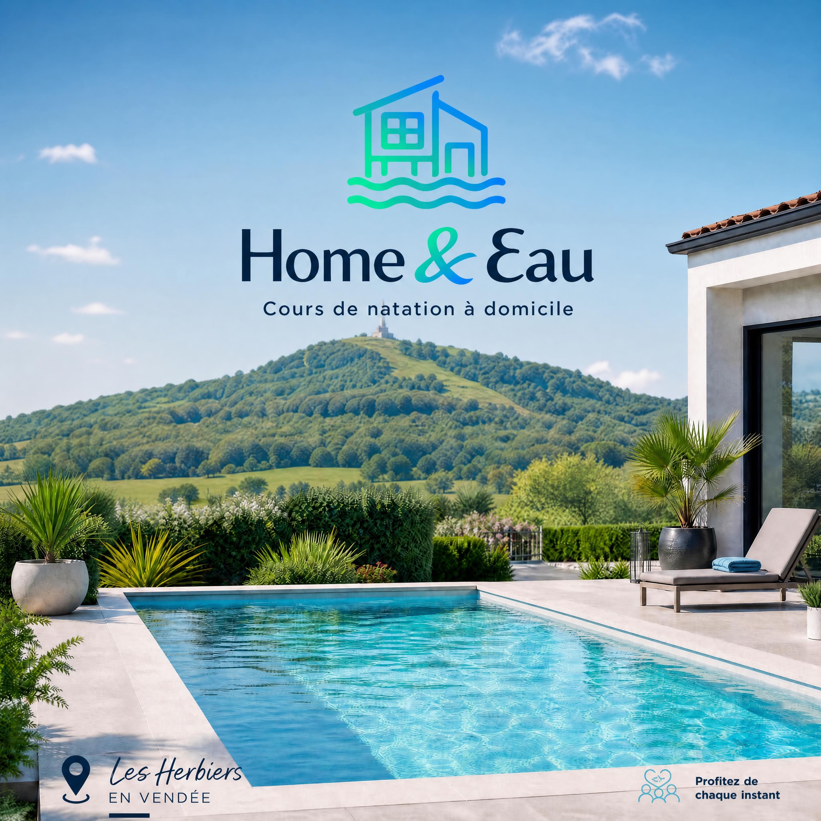 Paysage reconnaissable des Herbiers en Vendée, avec une piscine privée au premier plan et le logo Home & Eau intégré subtilement dans l’image