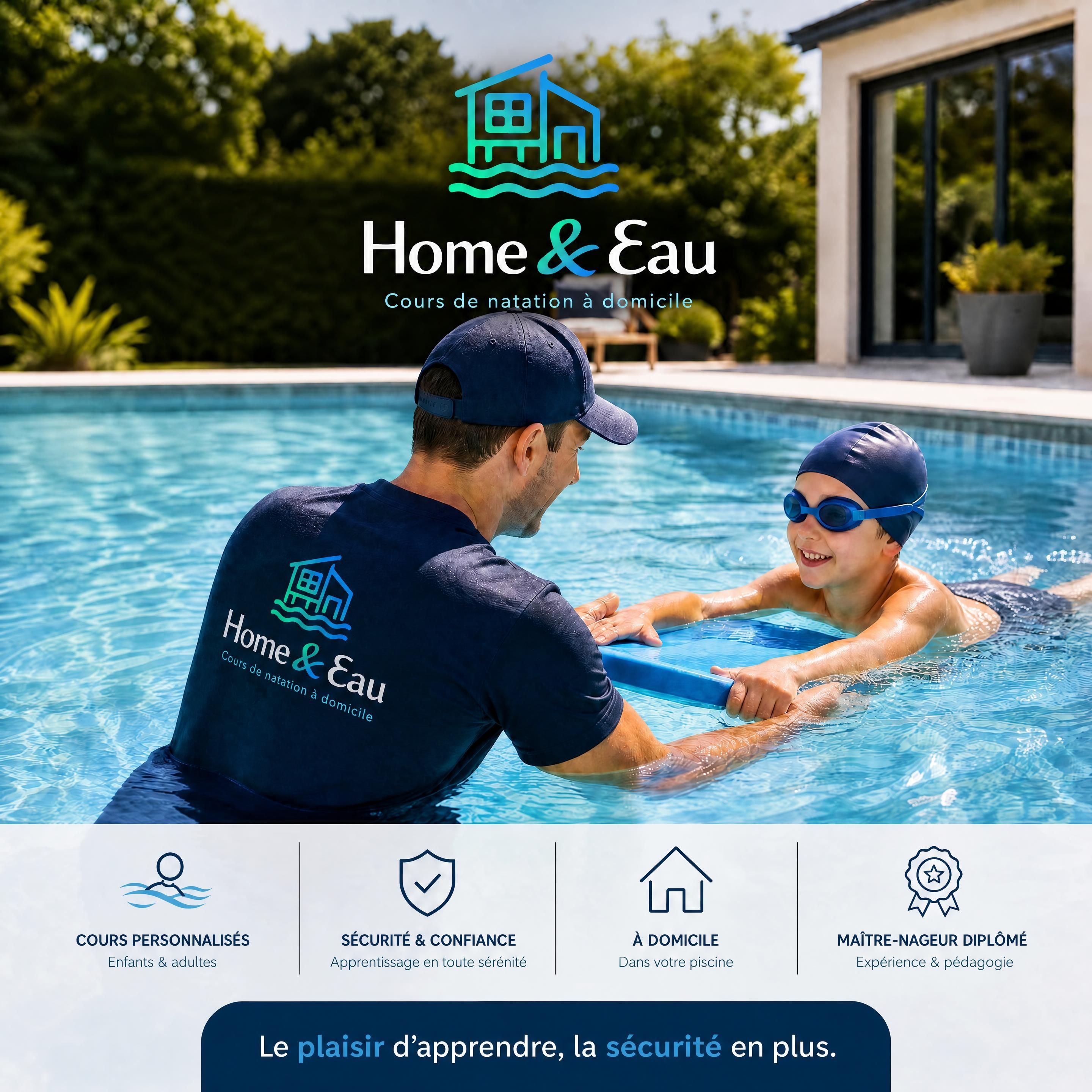 Cours de natation à domicile dans l’Essonne 91 avec un maître-nageur Home & Eau dans une piscine résidentielle, ambiance professionnelle et lumineuse