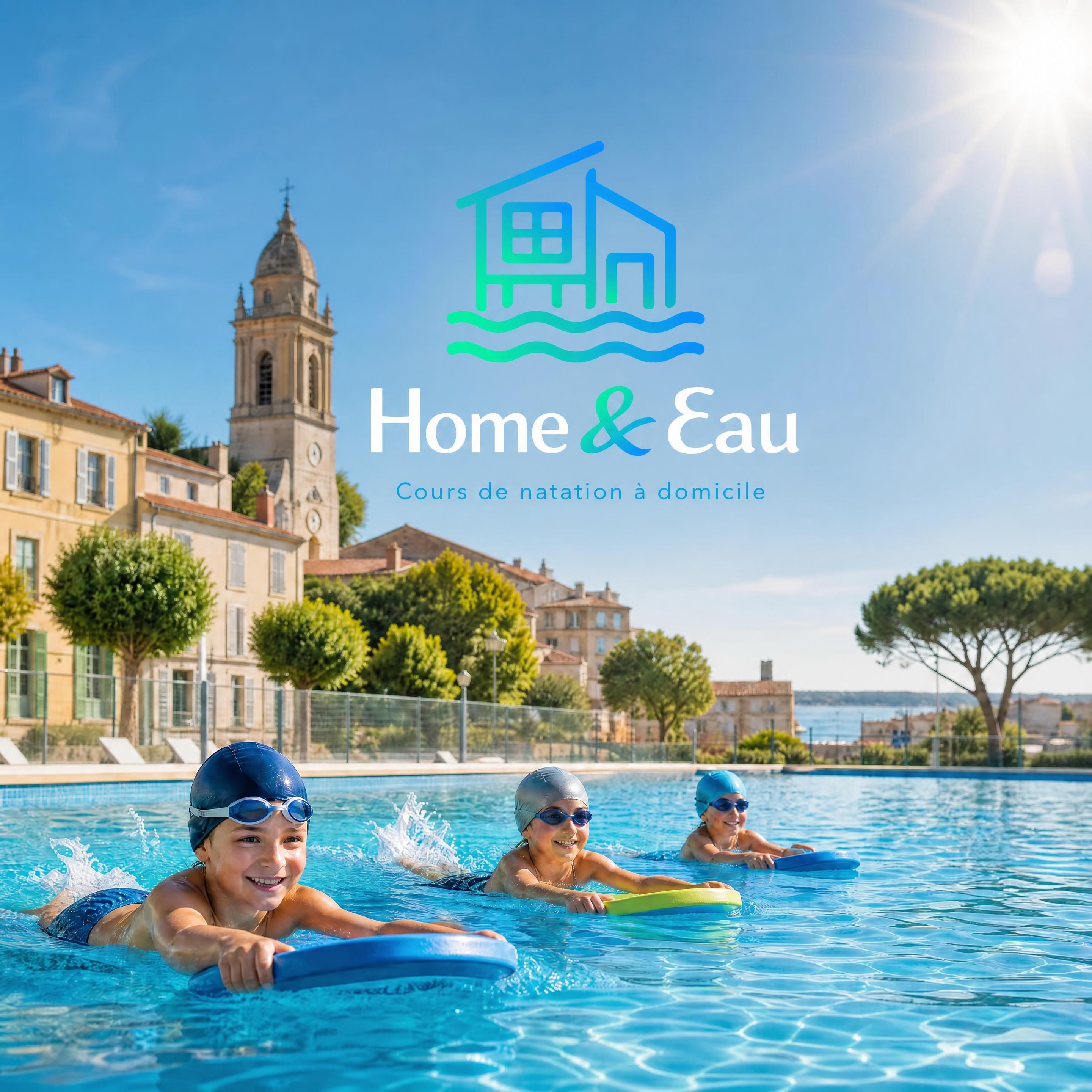 Logo Home & Eau superposé sur une vue ensoleillée d'une piscine résidentielle à Martigues