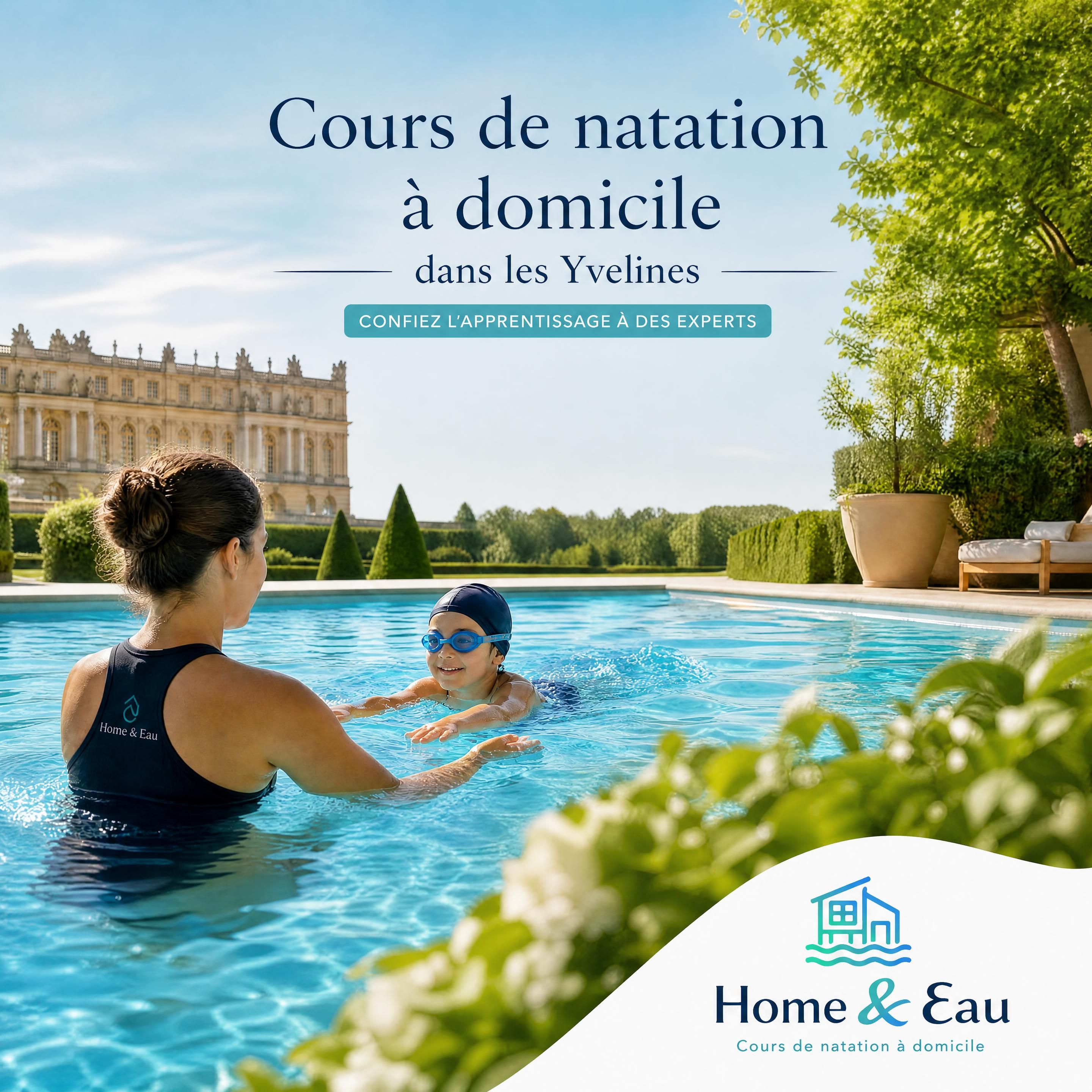 Cours de natation à domicile dans les Yvelines avec Home & Eau — vue élégante et lumineuse inspirée du château de Versailles, jardin résidentiel verdoyant et piscine privée, ambiance premium bleu turquoise et vert doux, logo Home & Eau discret et lisible en bas à droite, format horizontal 16:9