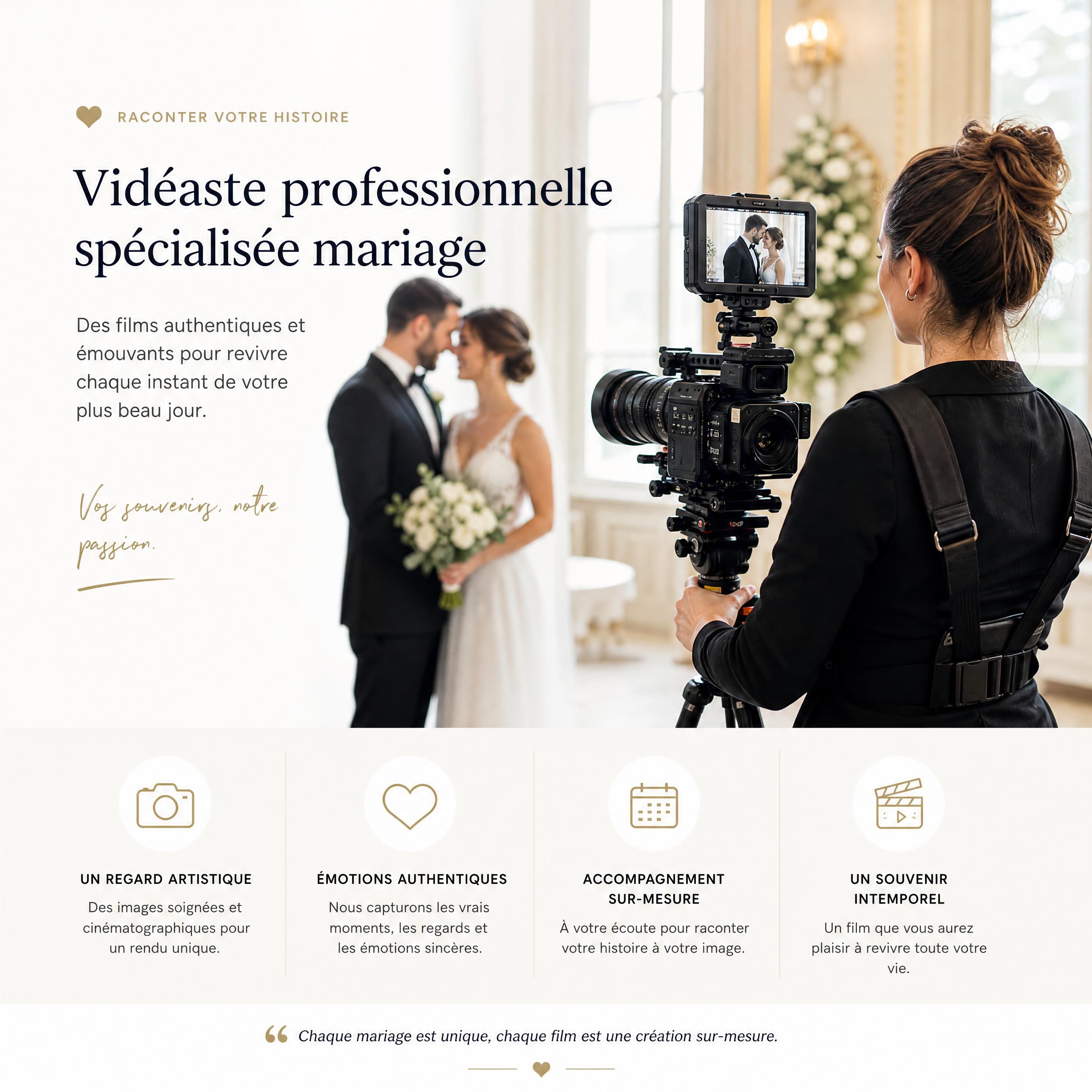 Vidéaste professionnelle mariage filmant les mariés avec une caméra cinéma dans une ambiance élégante et lumineuse