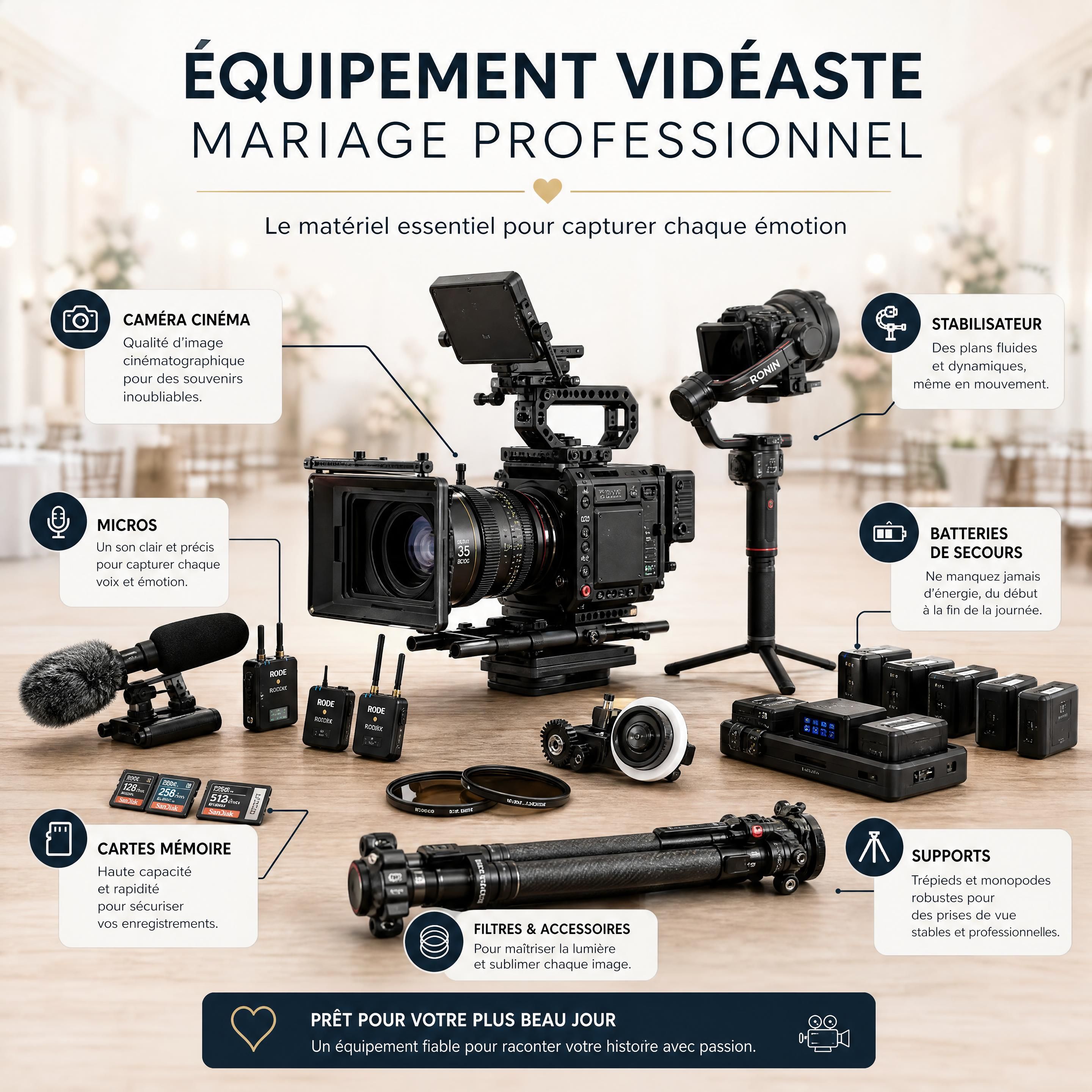 Équipement vidéaste mariage professionnel avec caméra cinéma, stabilisateur, micros et batteries de secours