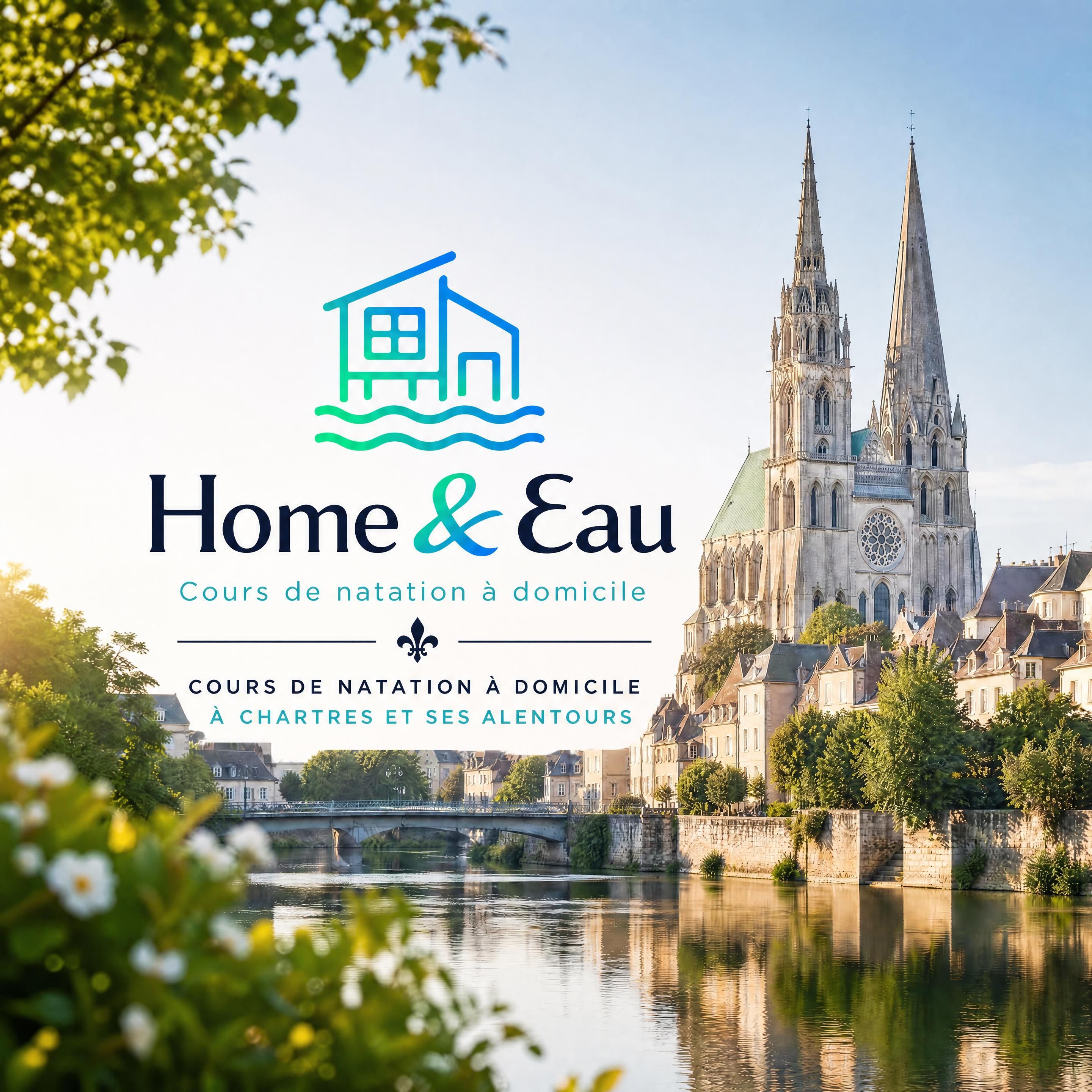 Une vue élégante et lumineuse de la Cathédrale de Chartres en arrière-plan avec le logo de Home & Eau superposé de manière nette, inspirant l'ancrage local et la confiance pour des cours de natation à domicile.