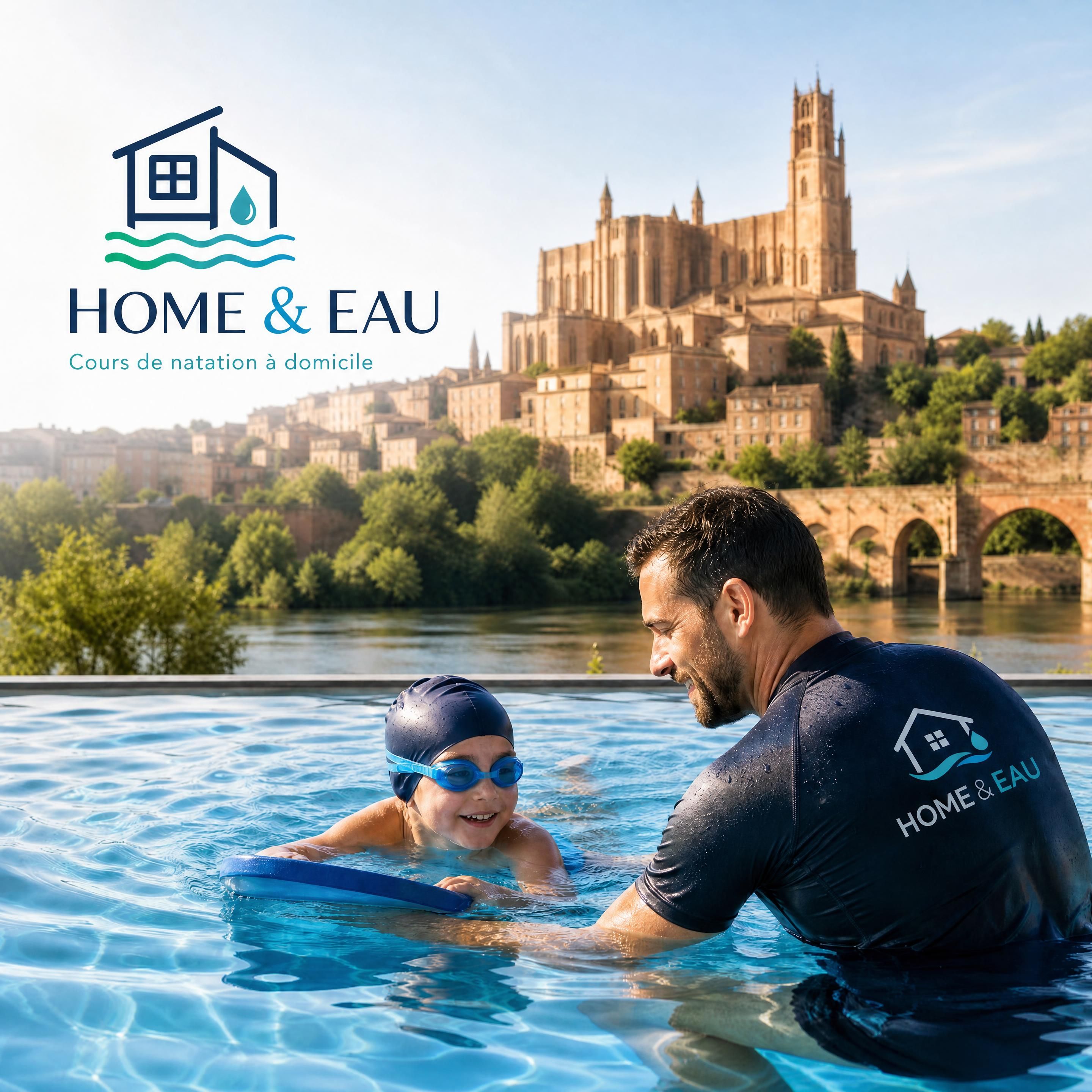 Cours de natation à domicile à Albi avec Home & Eau — cathédrale Sainte-Cécile et bords du Tarn en arrière-plan, logo Home & Eau en overlay