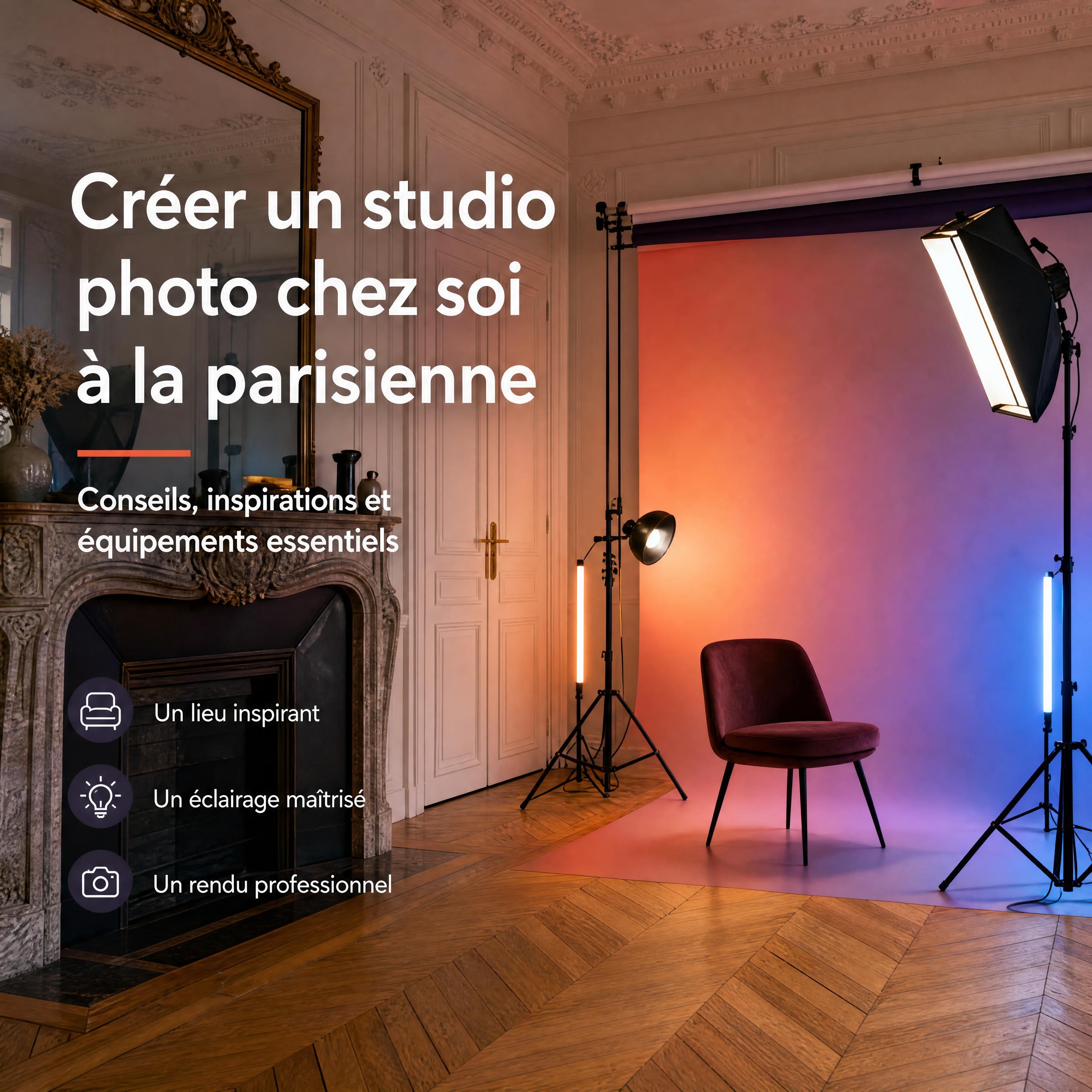 Studio photo Paris d'inspiration haussmannienne avec parquet en point de Hongrie, moulures d'époque, cheminée en marbre et éclairages professionnels RGB disposés devant un fond de studio coloré