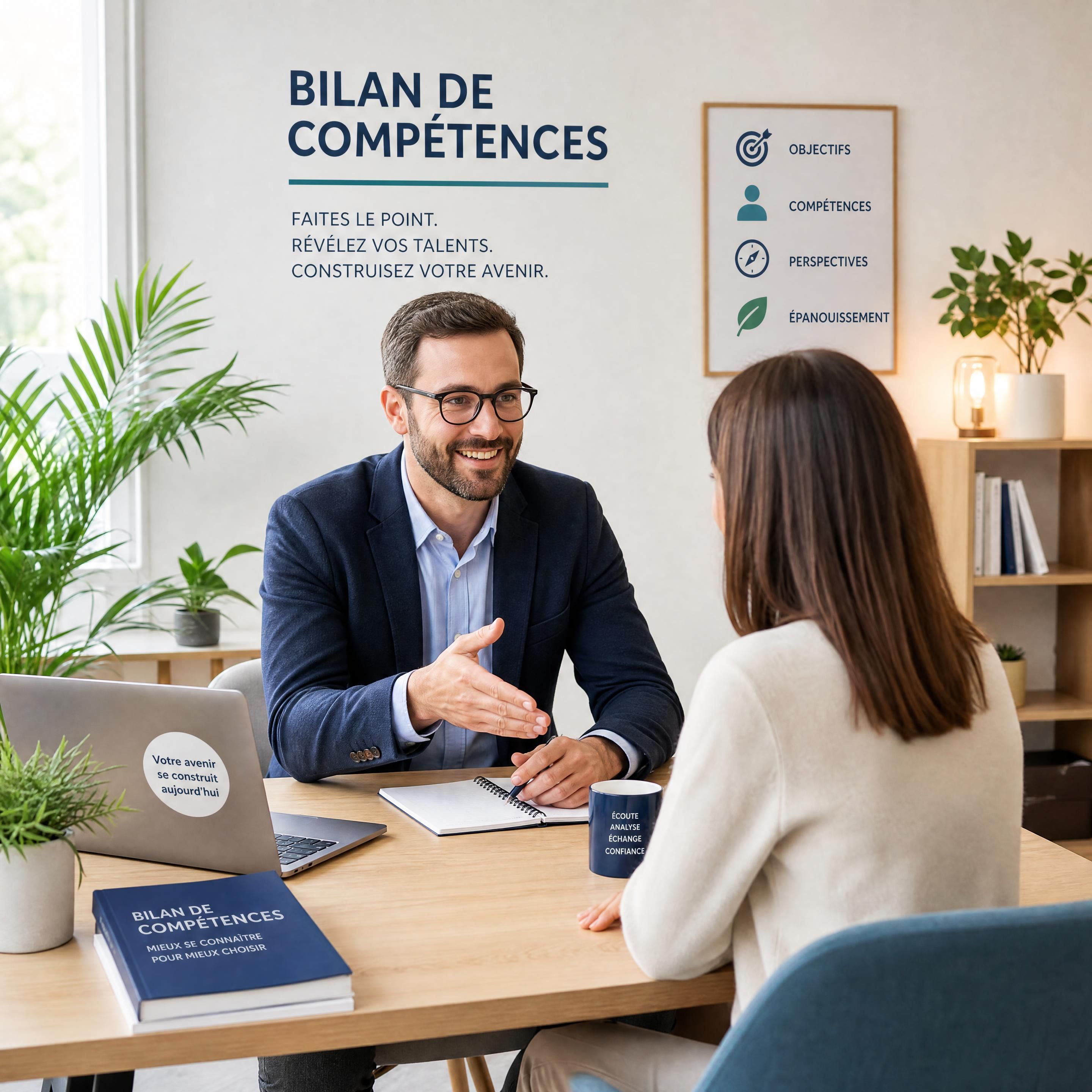 Un consultant en bilan de compétences accueillant un bénéficiaire avec bienveillance dans un bureau moderne et lumineux