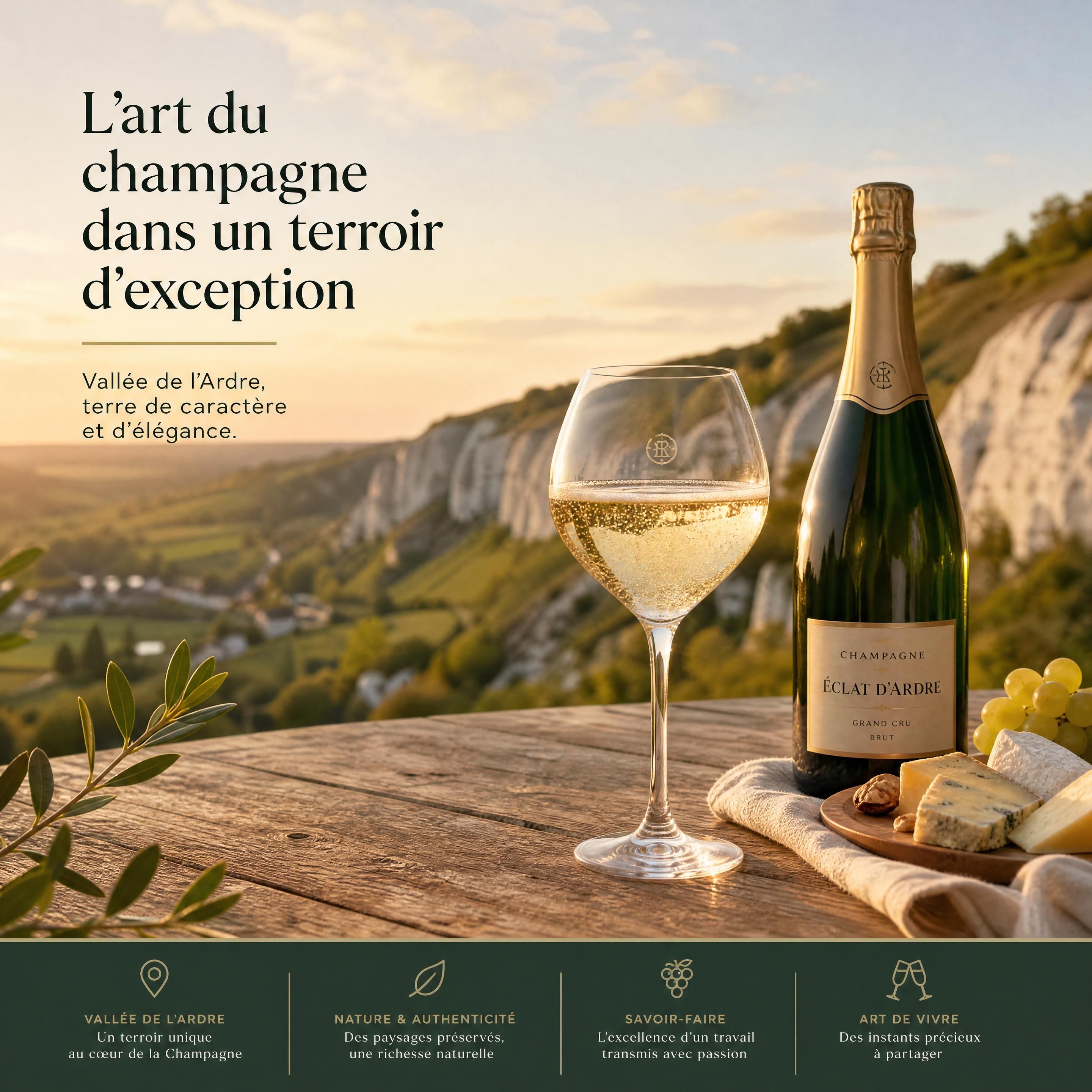 Une table en bois brut dressée sous la brise légère d'une fin d'après-midi, accueillant un verre ballon où scintille la robe dorée d'un champagne d'exception, avec en arrière-plan les collines crayeuses de la Vallée de l'Ardre