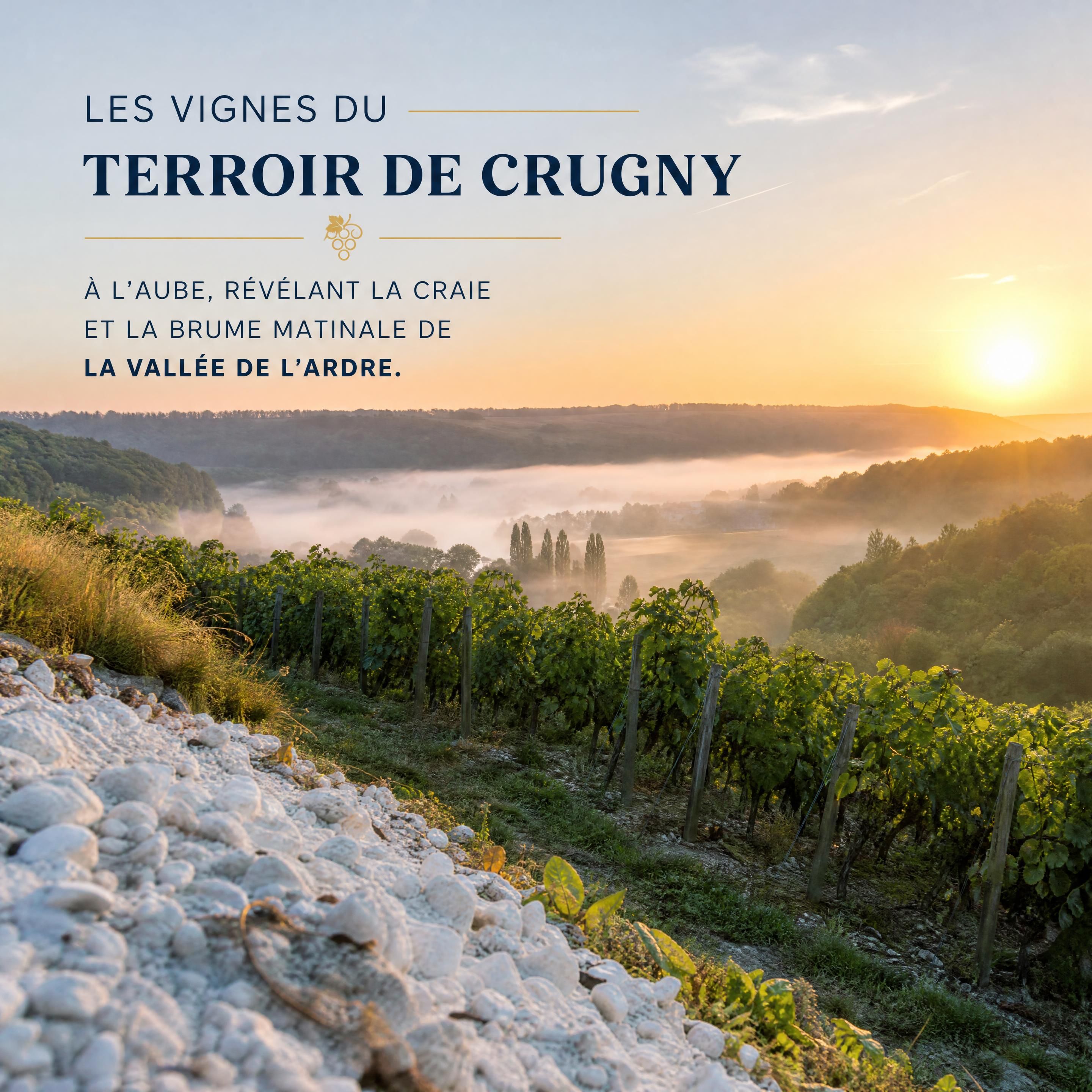 Les vignes du terroir de Crugny à l'aube, révélant la craie et la brume matinale de la Vallée de l'Ardre