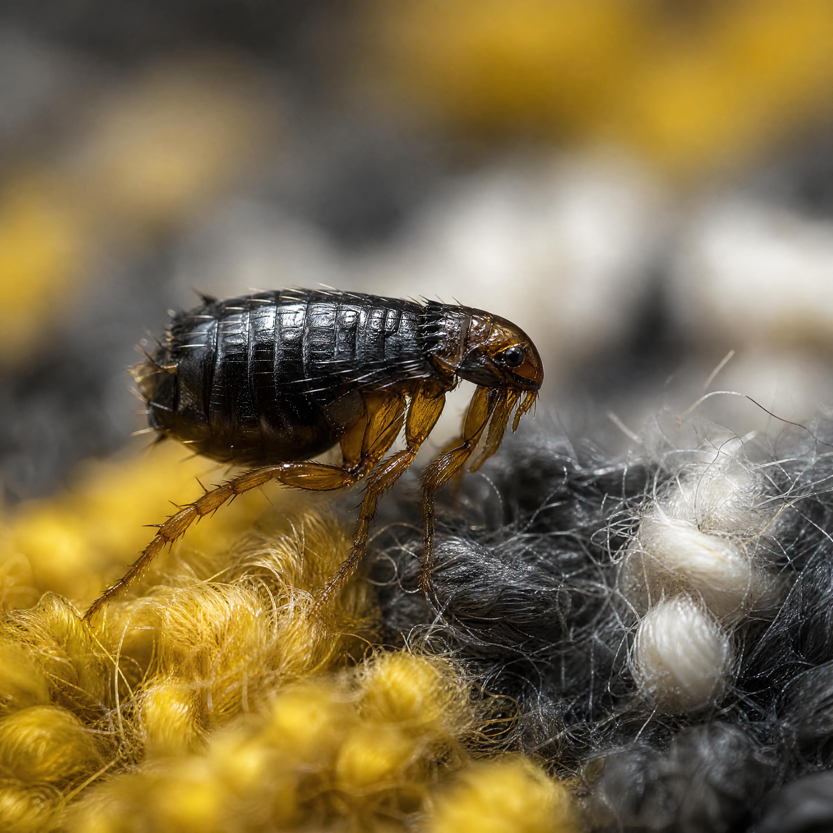 gros plan réaliste d’une puce adulte sur la fibre d’un tapis, rendu macrophotographique, sans personne ni animal, couleurs noir anthracite jaune et blanc, aucun texte