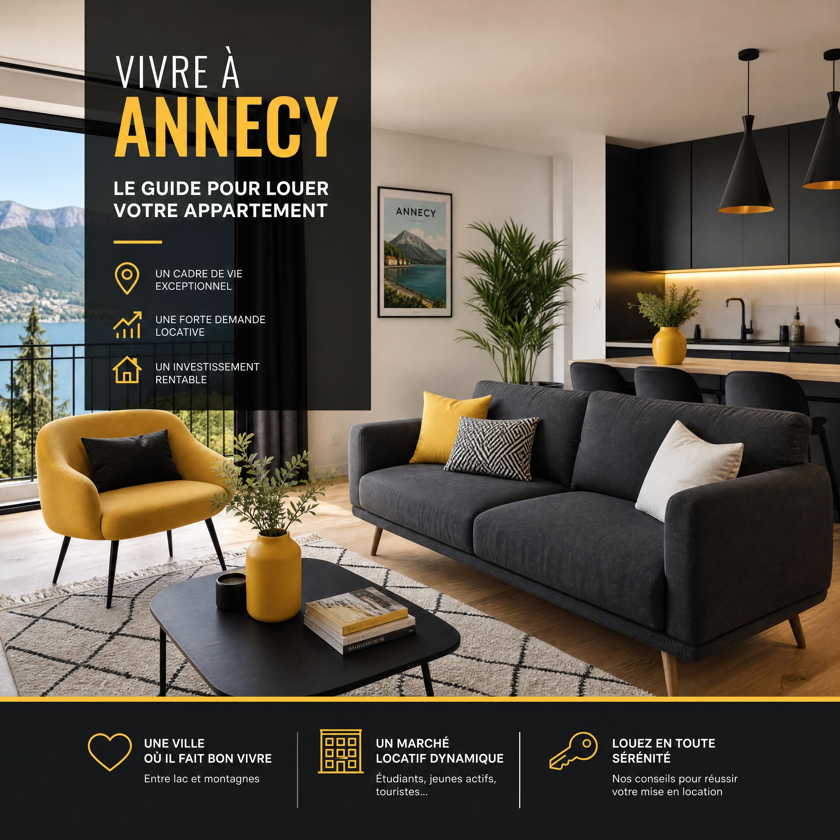 intérieur réaliste d’un appartement à Annecy avec parquet, tapis et canapé, sans personne ni animal, palette noire, anthracite, jaune et blanche