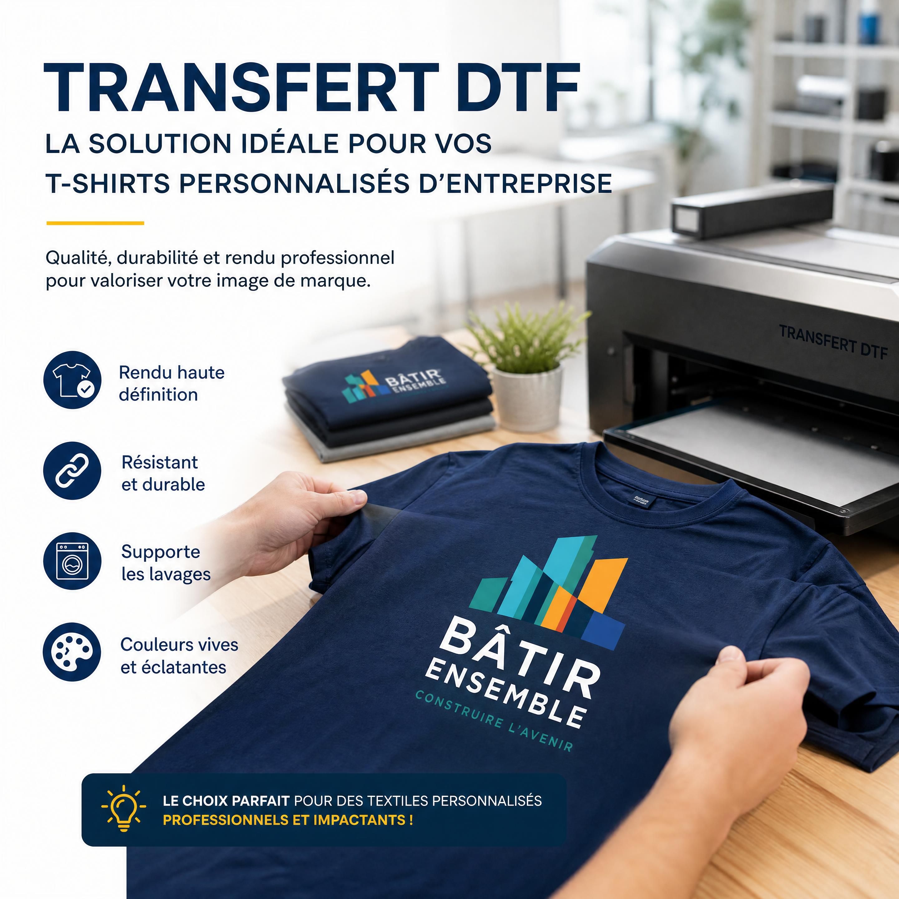 transfert DTF haute qualité appliqué sur un t-shirt personnalisé pour entreprise