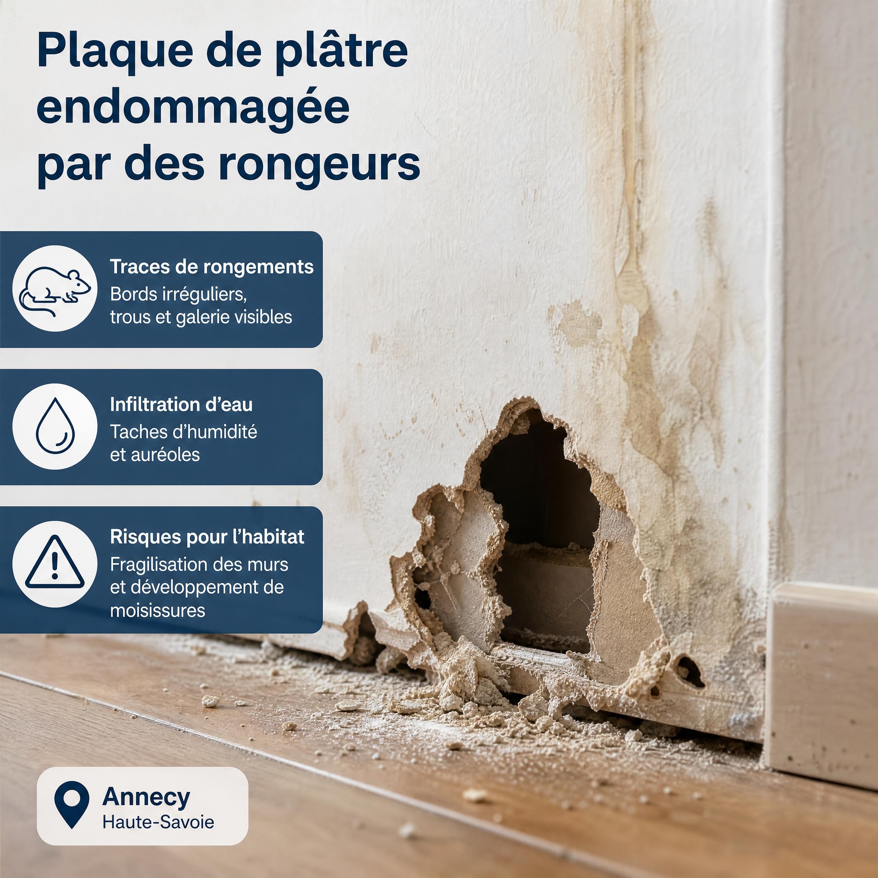 Gros plan sur une plaque de plâtre endommagée par des rongeurs avec des traces d'usure et d'infiltration dans une maison à Annecy