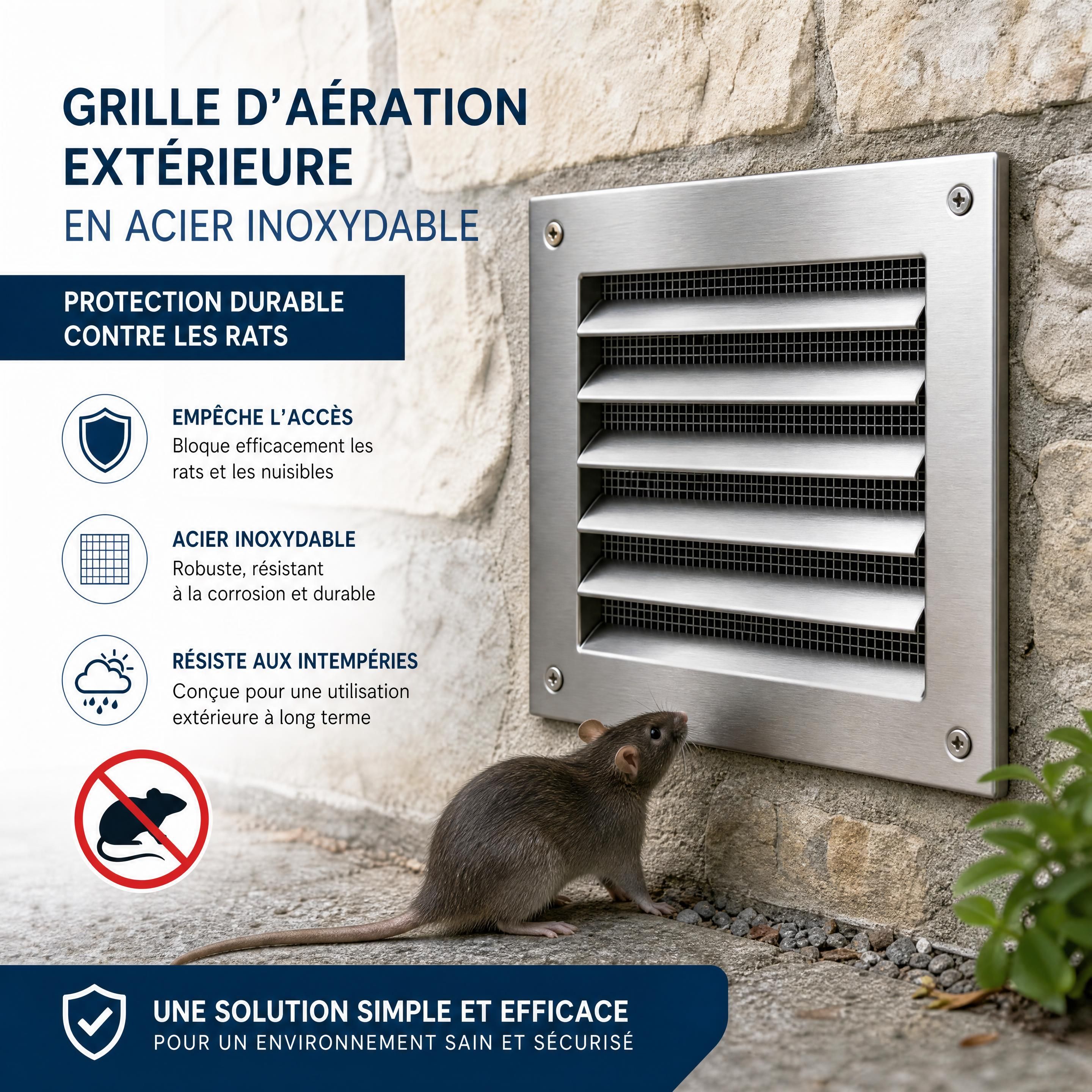 Grille d'aération extérieure en acier inoxydable installée sur un mur en pierre pour la prévention contre les rats