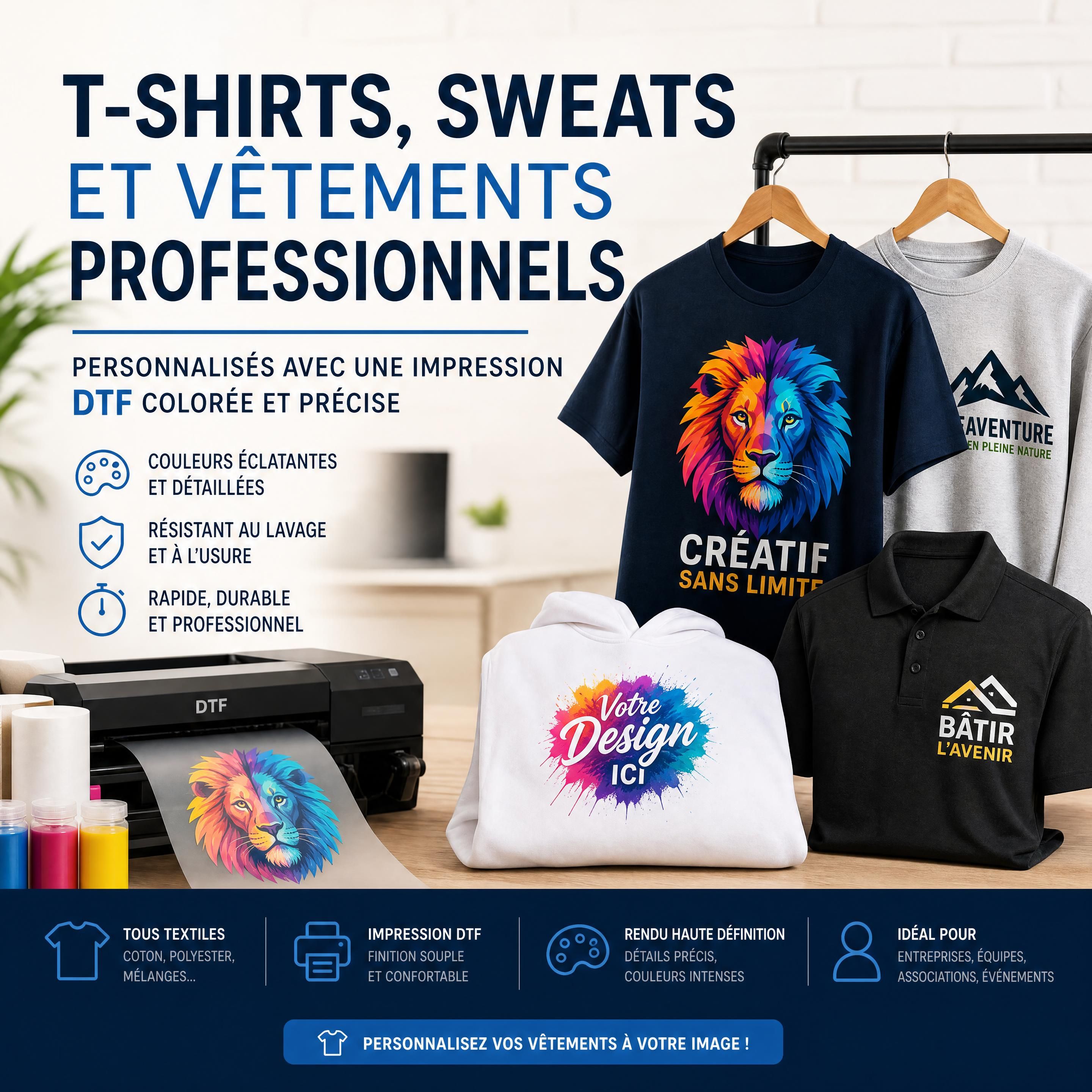 T-shirts, sweats et vêtements professionnels personnalisés avec une impression DTF colorée et précise