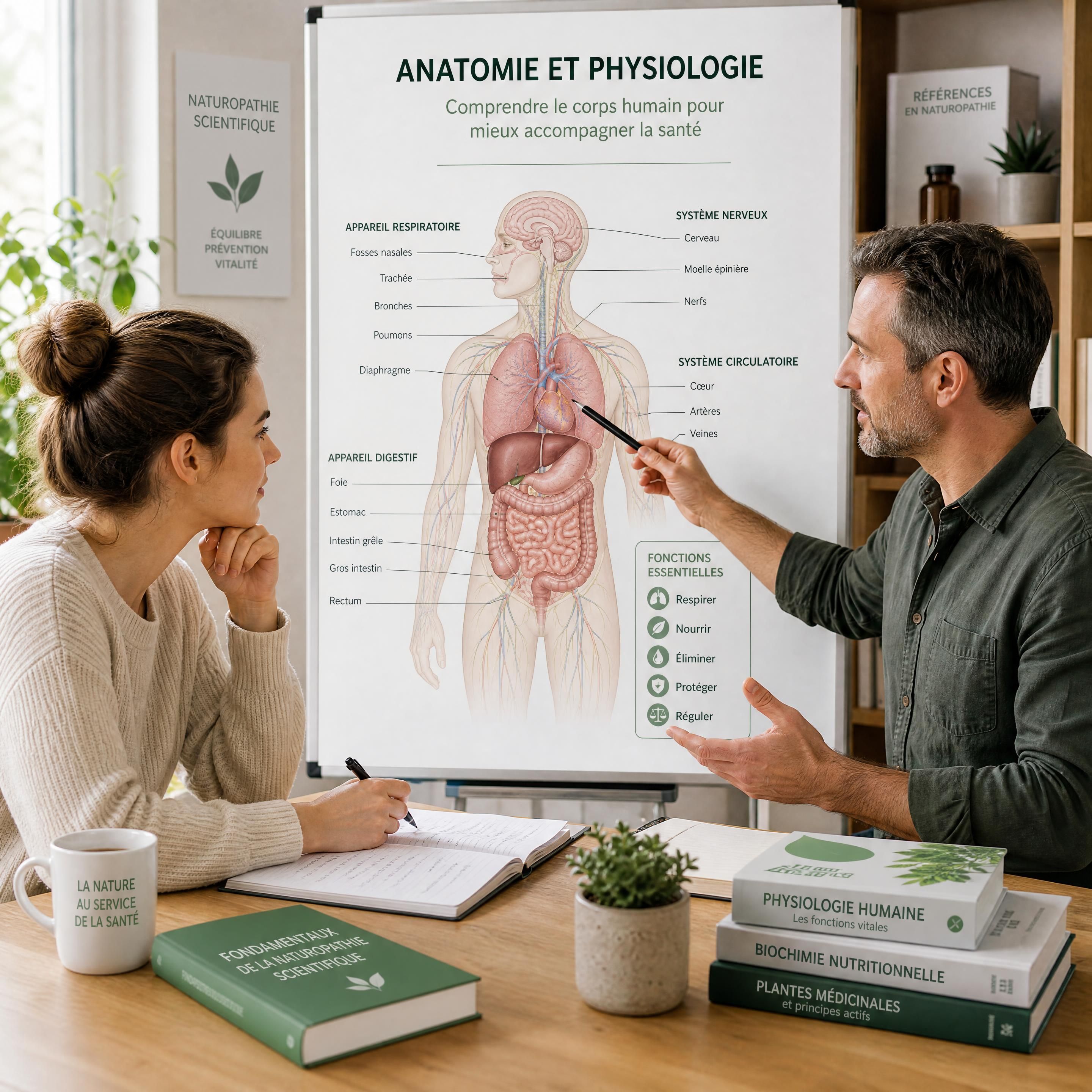 Étudiant en formation de naturopathie scientifique observant un schéma d’anatomie et de physiologie avec un formateur