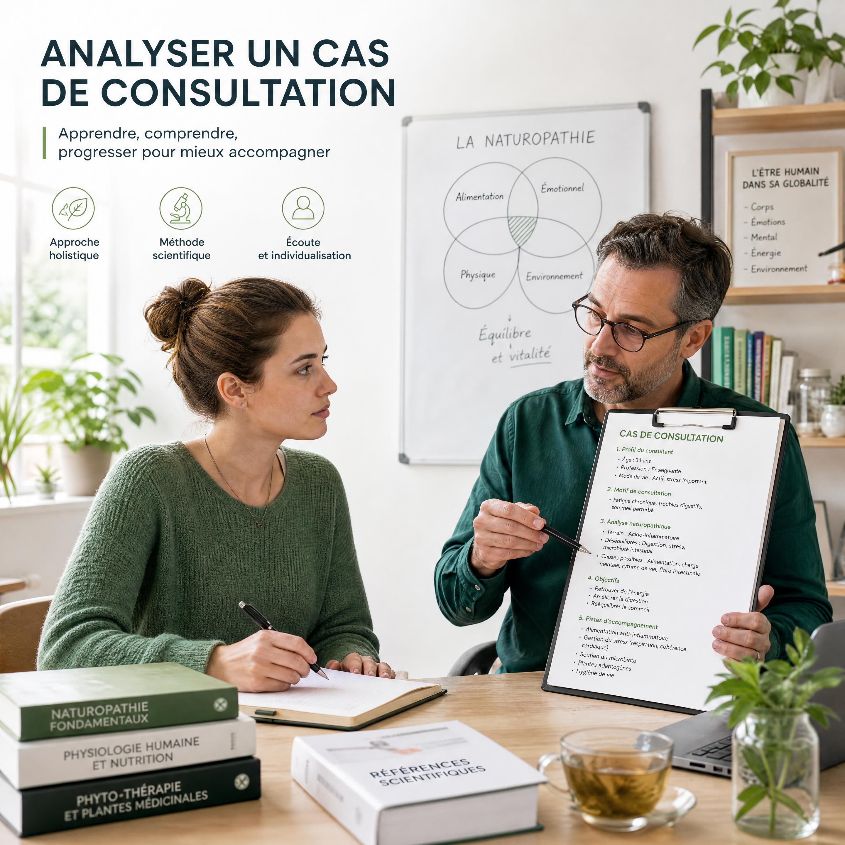 futur praticien naturopathe analysant un cas de consultation avec un formateur, dans un environnement pédagogique scientifique et professionnel