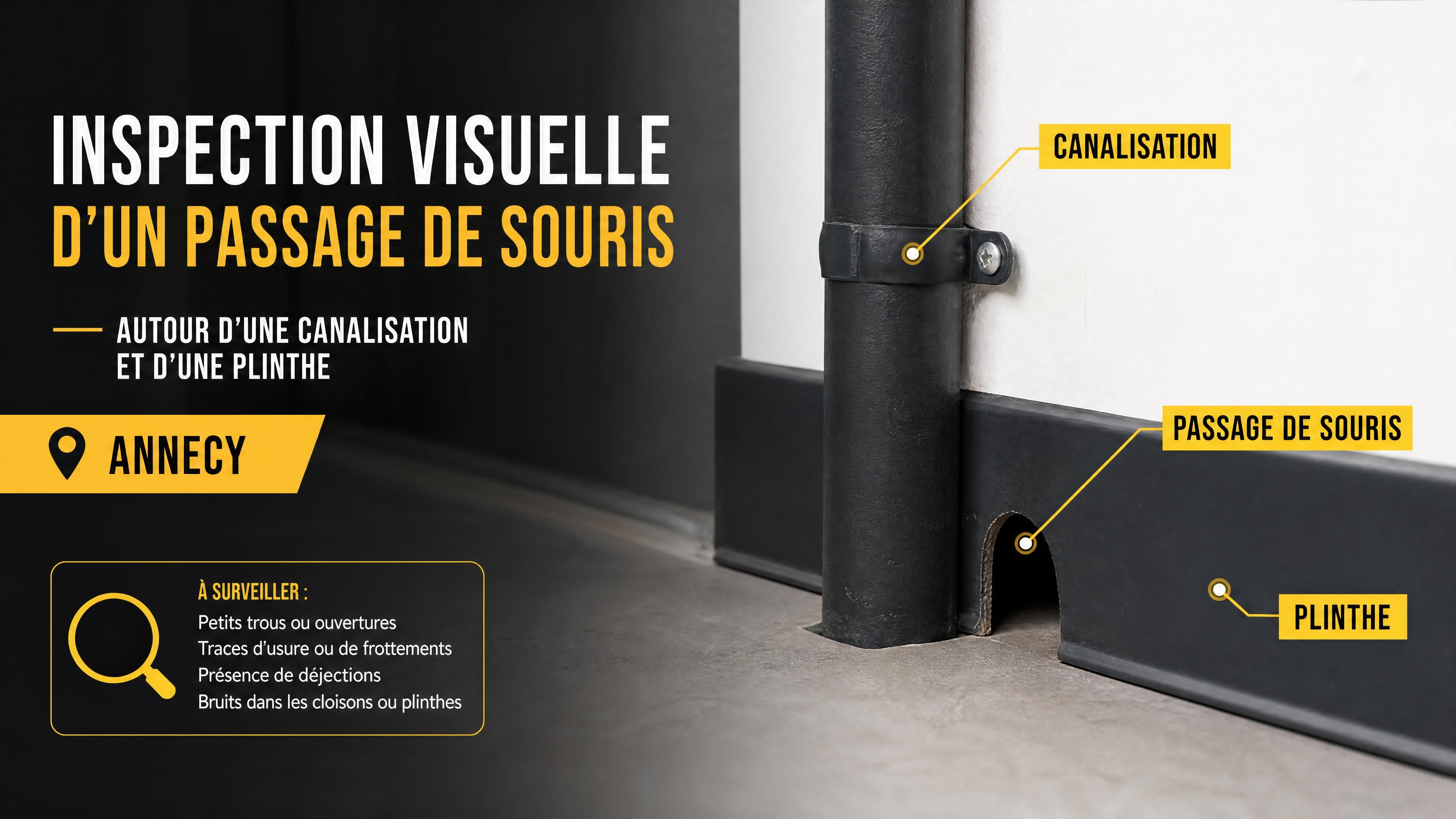 inspection visuelle d’un passage de souris autour d’une canalisation et d’une plinthe dans une maison à Annecy, sans personne ni technicien, style réaliste, couleurs noir anthracite jaune et blanc, format horizontal 1200x630