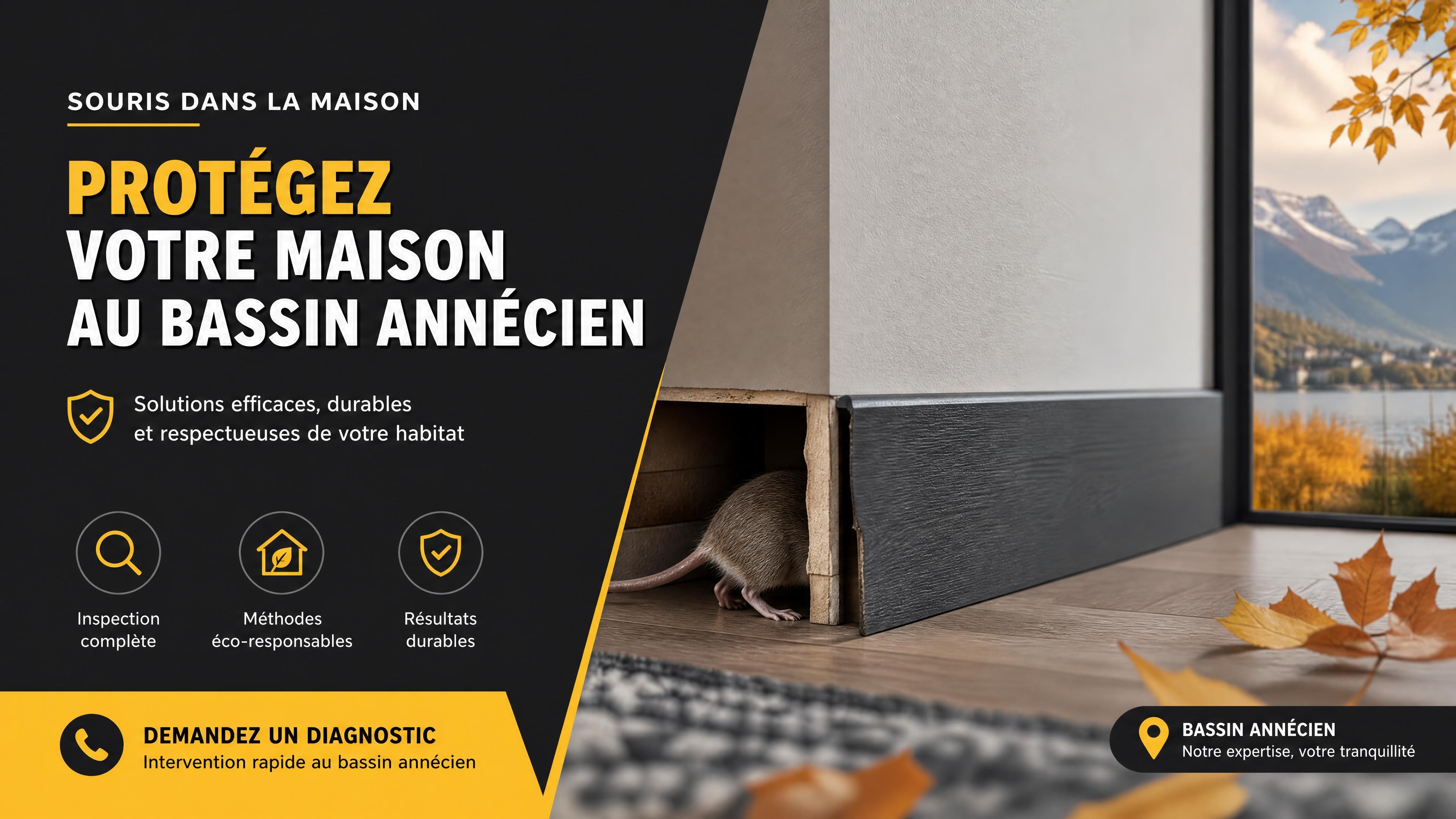 souris réaliste circulant derrière une cloison intérieure près d’une plinthe dans une maison du bassin annécien, ambiance automnale, couleurs noir anthracite jaune et blanc, format horizontal 1200x630