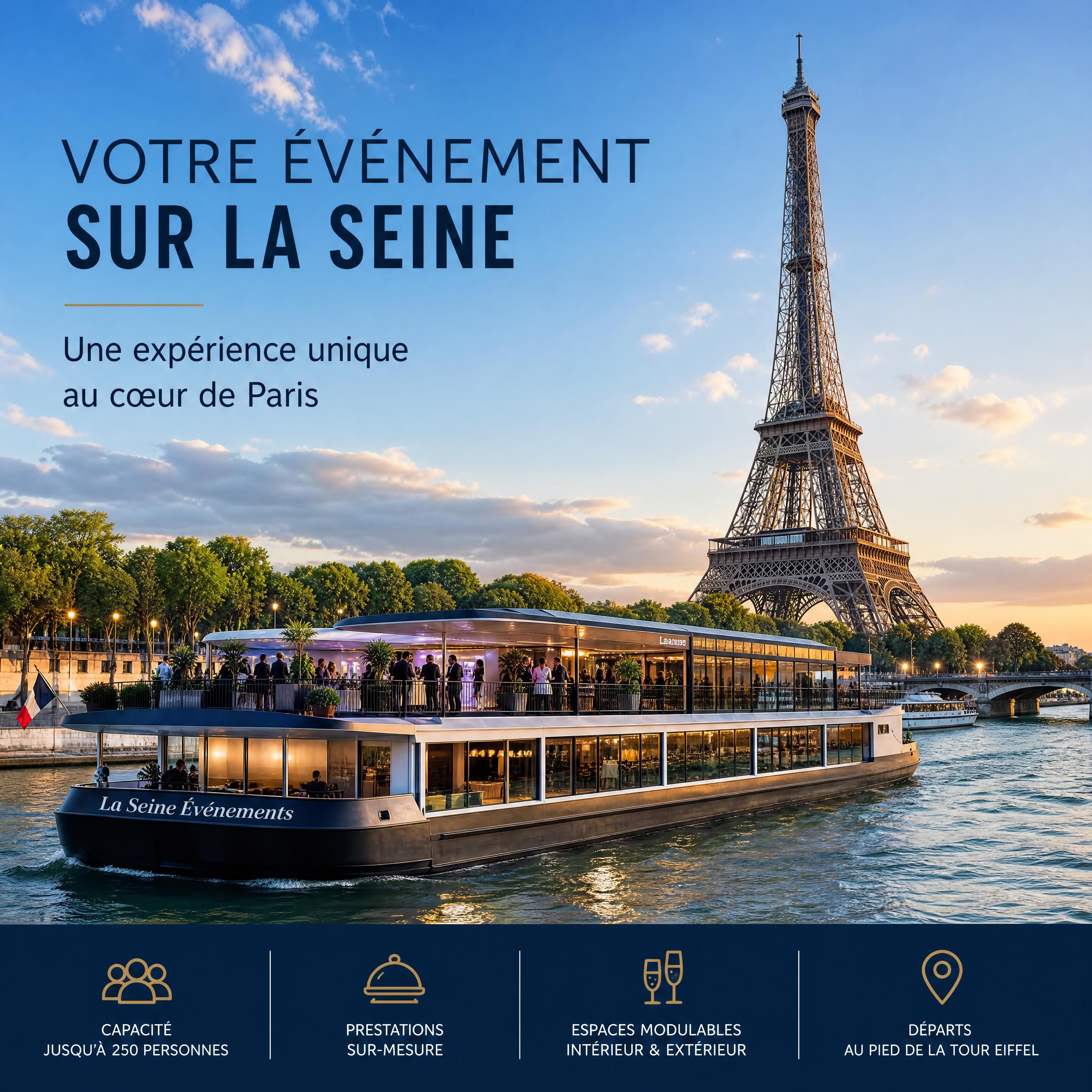 Vue panoramique d'une péniche événementielle moderne naviguant sur la Seine devant la Tour Eiffel à Paris