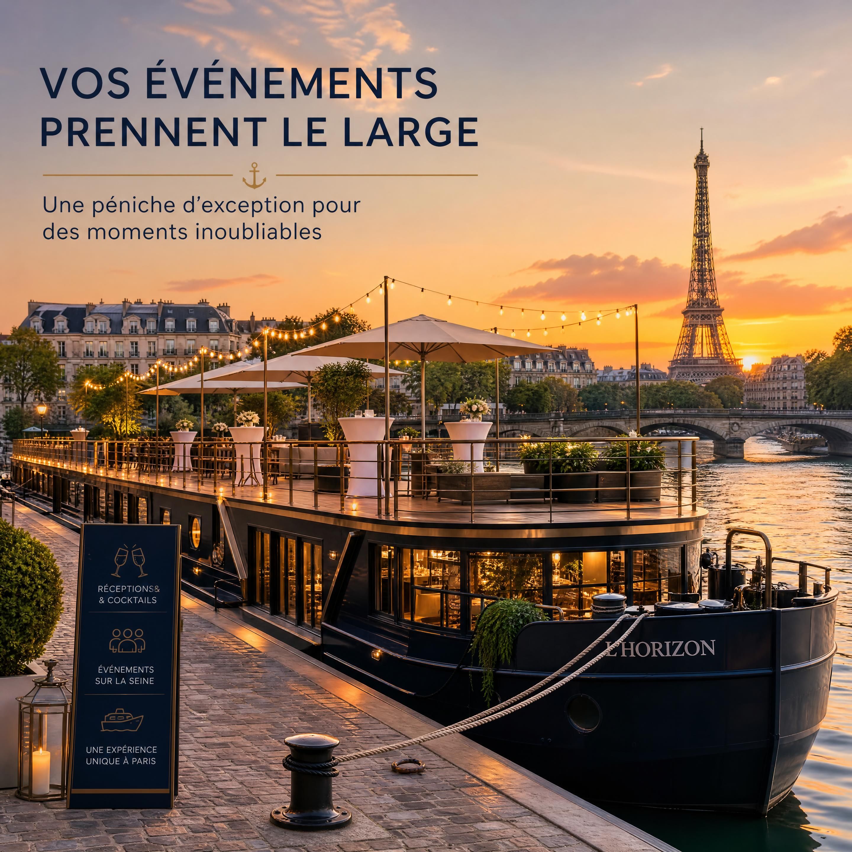 Une élégante péniche événementielle amarrée sur la Seine à Paris avec une terrasse aménagée pour un cocktail au coucher du soleil