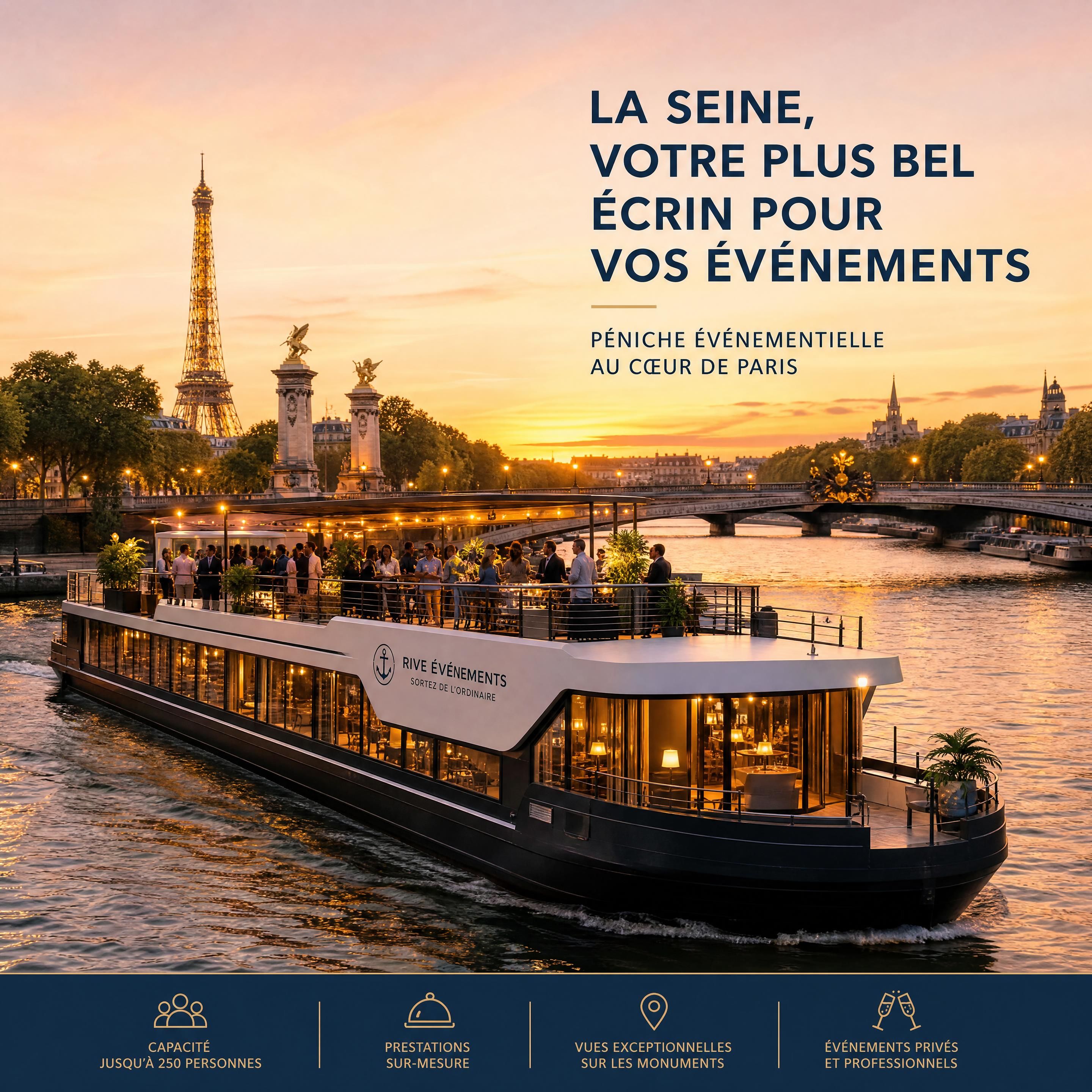 Péniche événementielle moderne naviguant sur la Seine au coucher du soleil avec vue sur les monuments parisiens