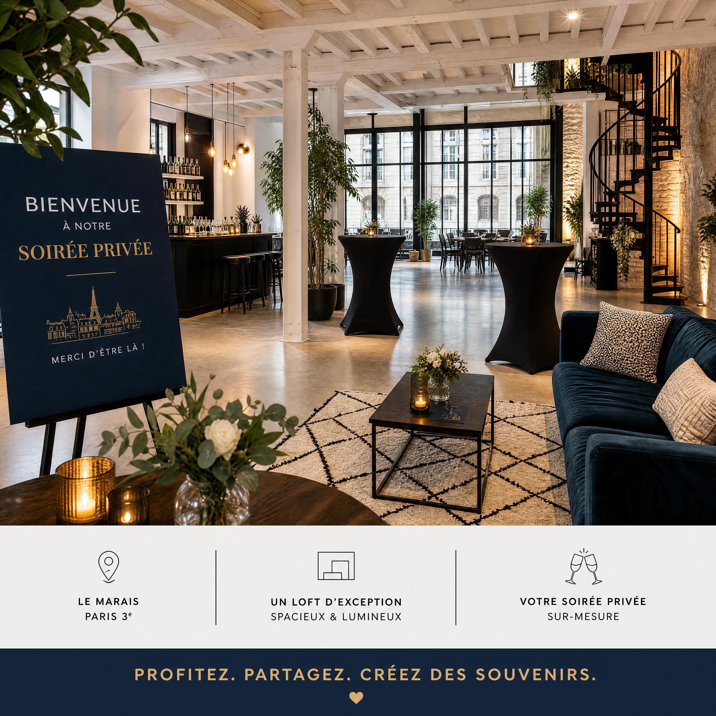 Vue intérieure d'un loft événementiel spacieux et lumineux dans le Marais à Paris pour une soirée privée