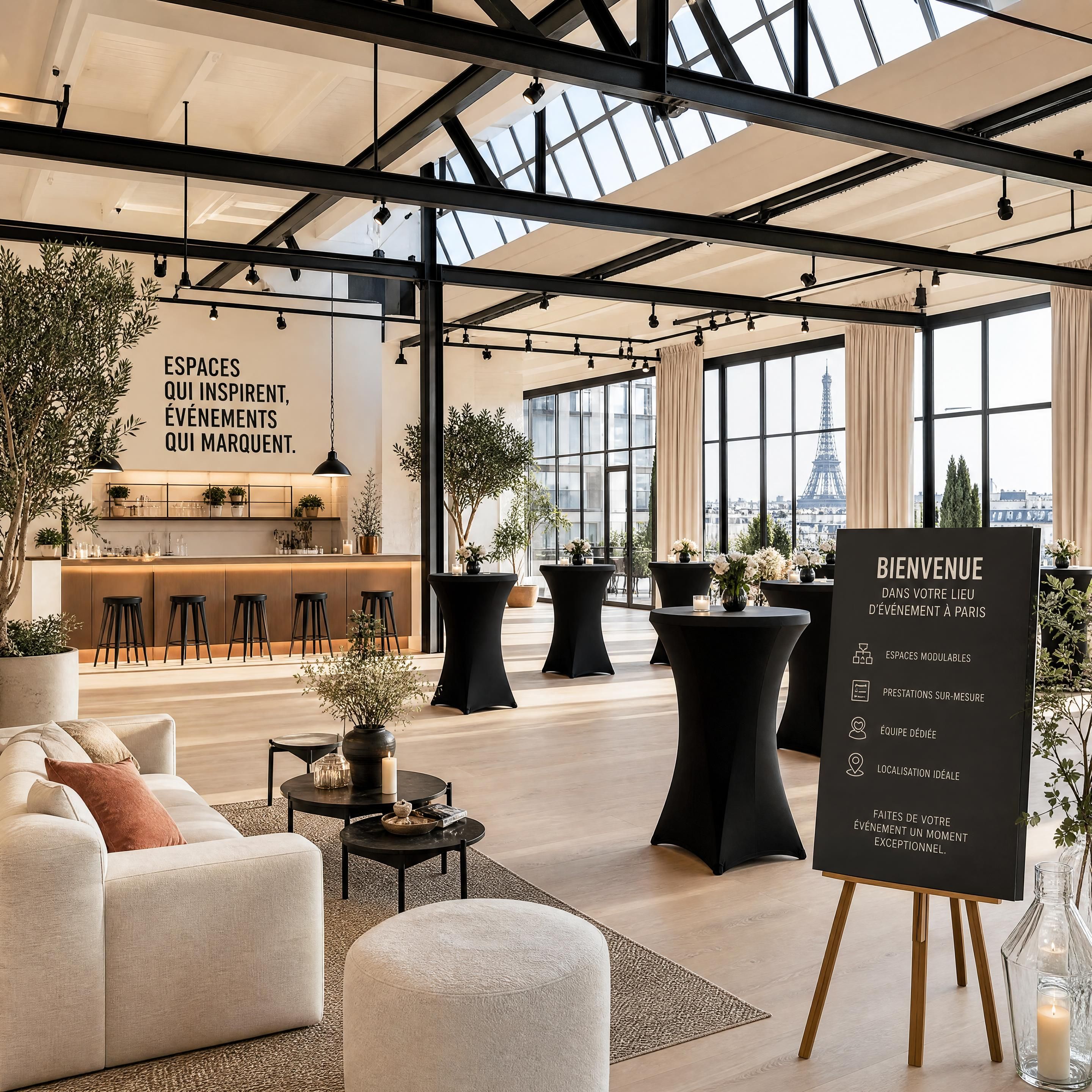 Vue intérieure d'un loft événementiel spacieux et lumineux à Paris avec décoration élégante