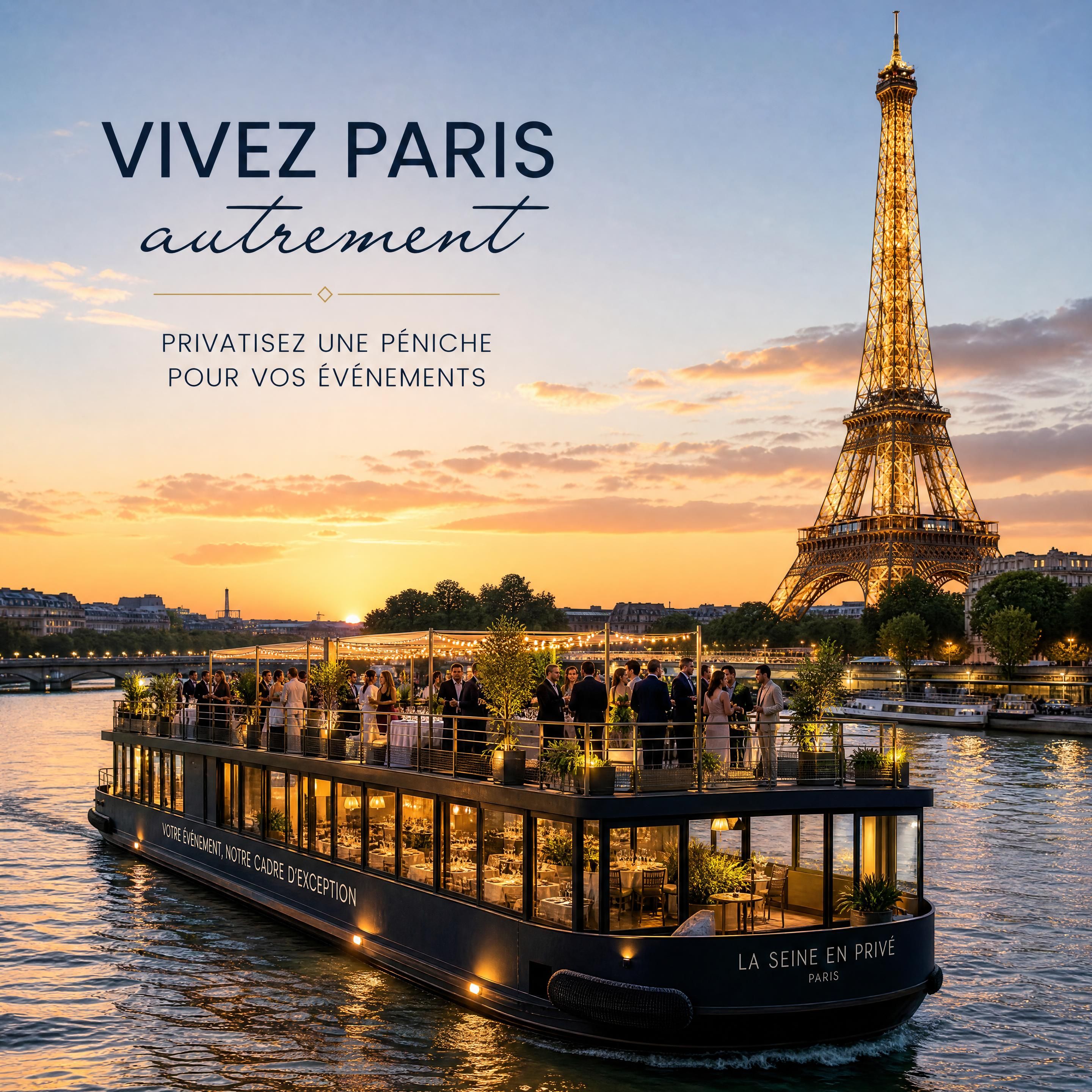 Une péniche événementielle privatisée naviguant sur la Seine à Paris au coucher du soleil avec des invités sur le pont supérieur et la Tour Eiffel illuminée en arrière-plan