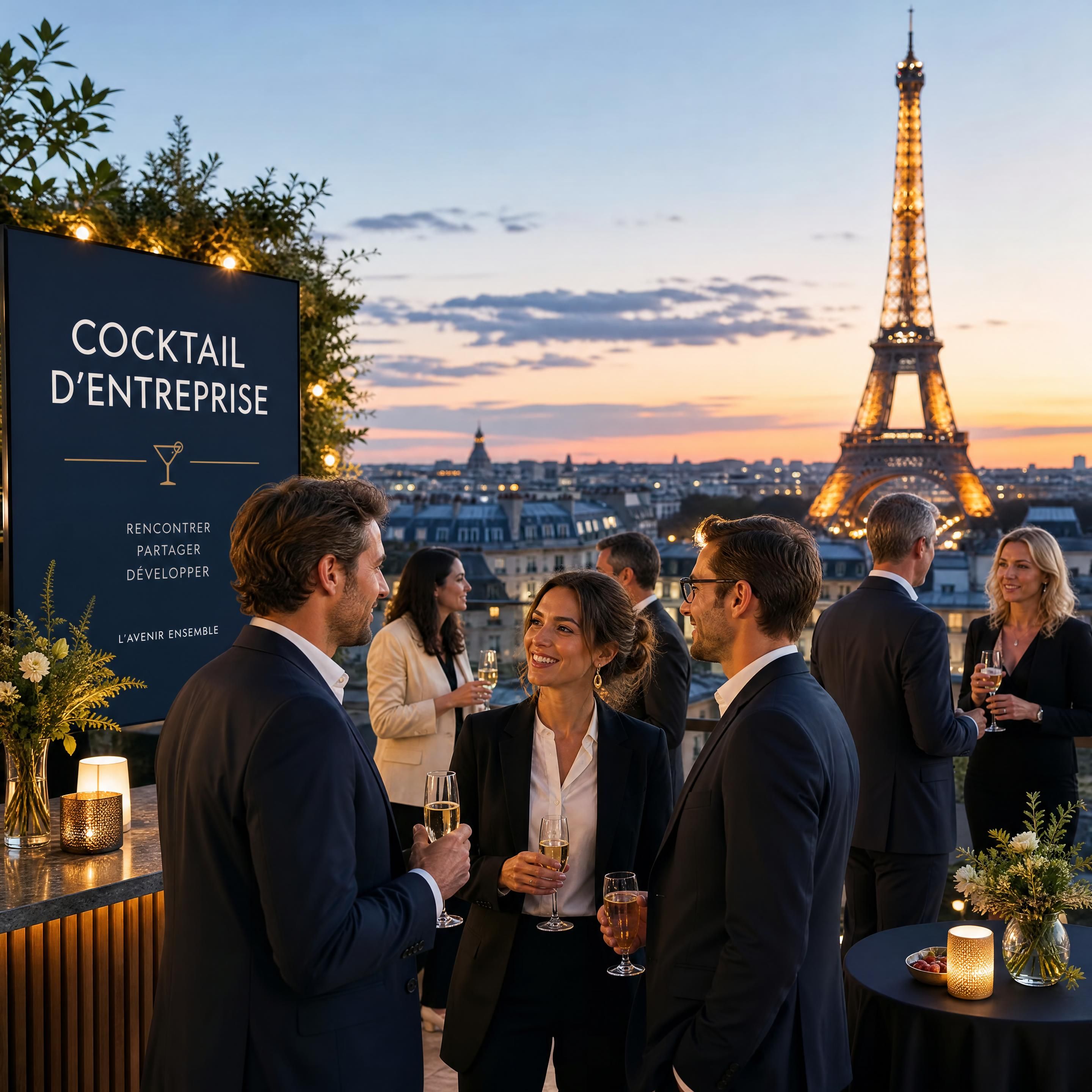 Équipe de collaborateurs participant à un cocktail d'entreprise haut de gamme sur un rooftop à Paris avec vue sur la Tour Eiffel