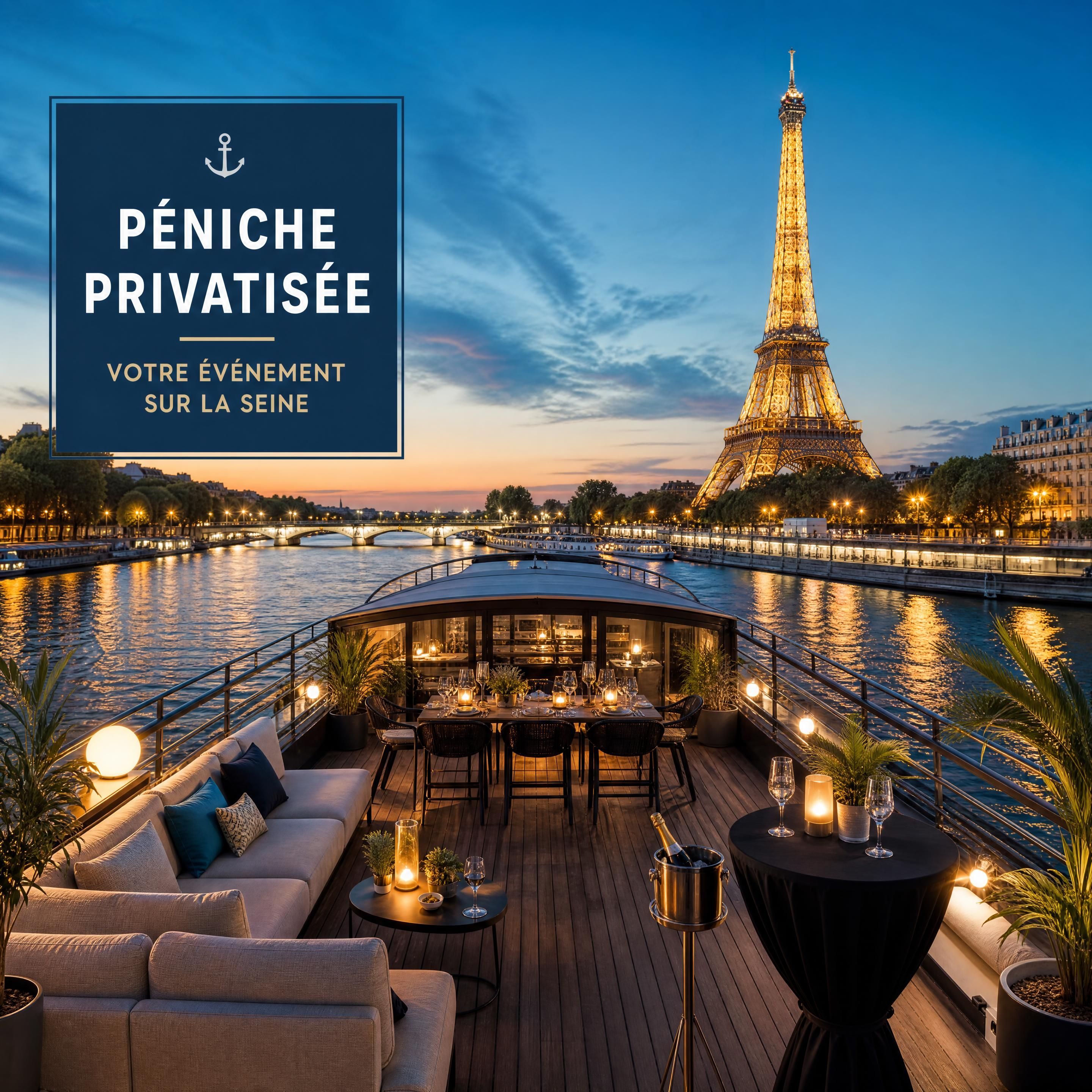 Vue panoramique depuis le rooftop d'une péniche privatisée naviguant sur la Seine devant la Tour Eiffel illuminée