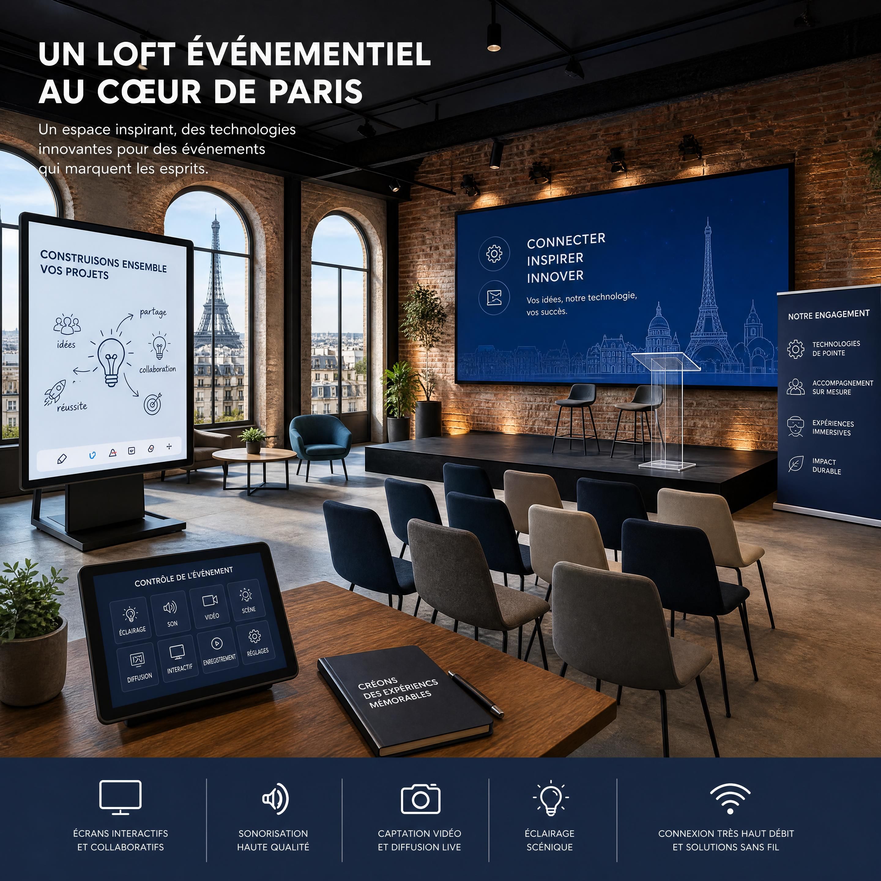 Loft événementiel paris équipé de technologies audiovisuelles modernes et d'écrans interactifs pour un événement d'entreprise