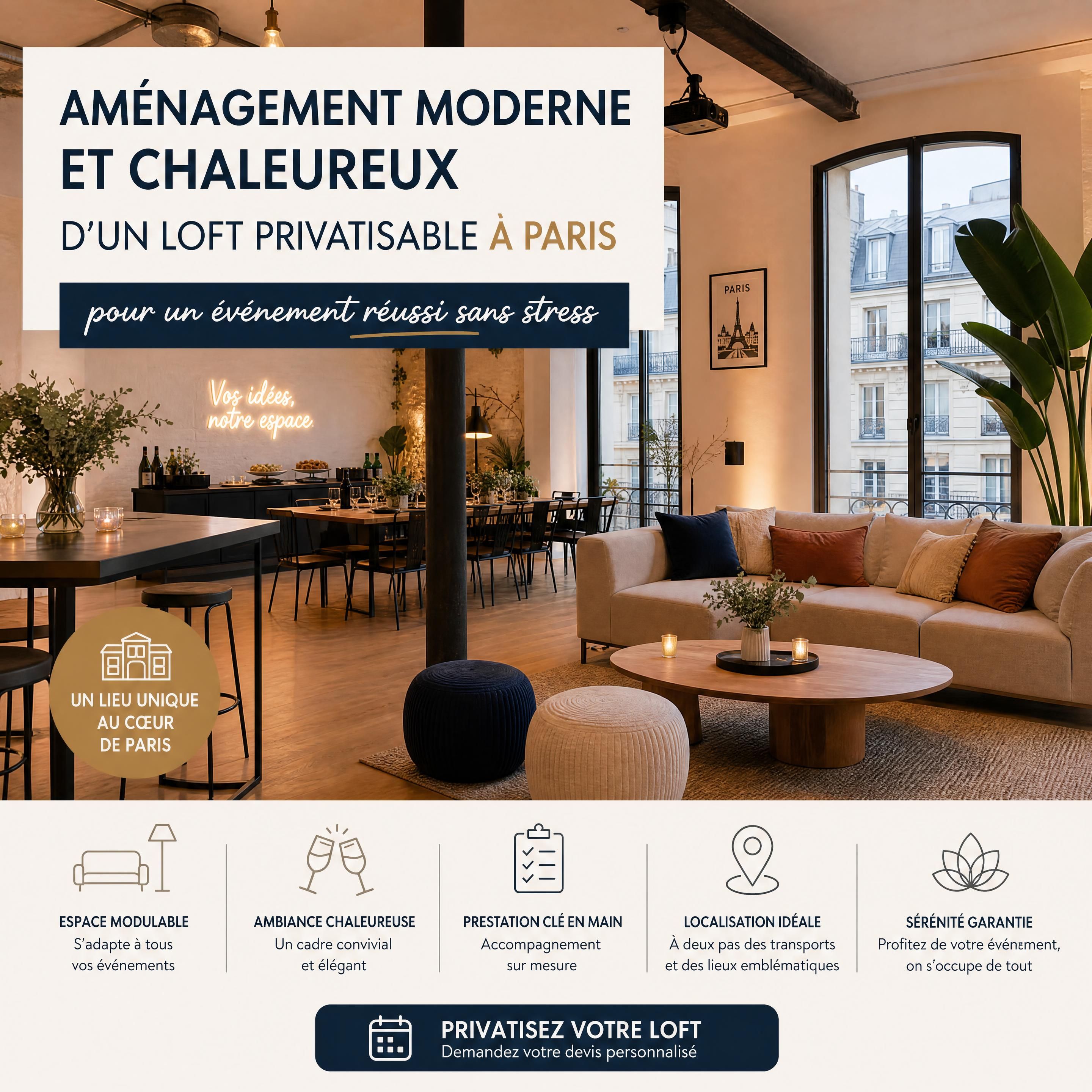 Aménagement moderne et chaleureux d'un loft privatisable à Paris pour un événement réussi sans stress